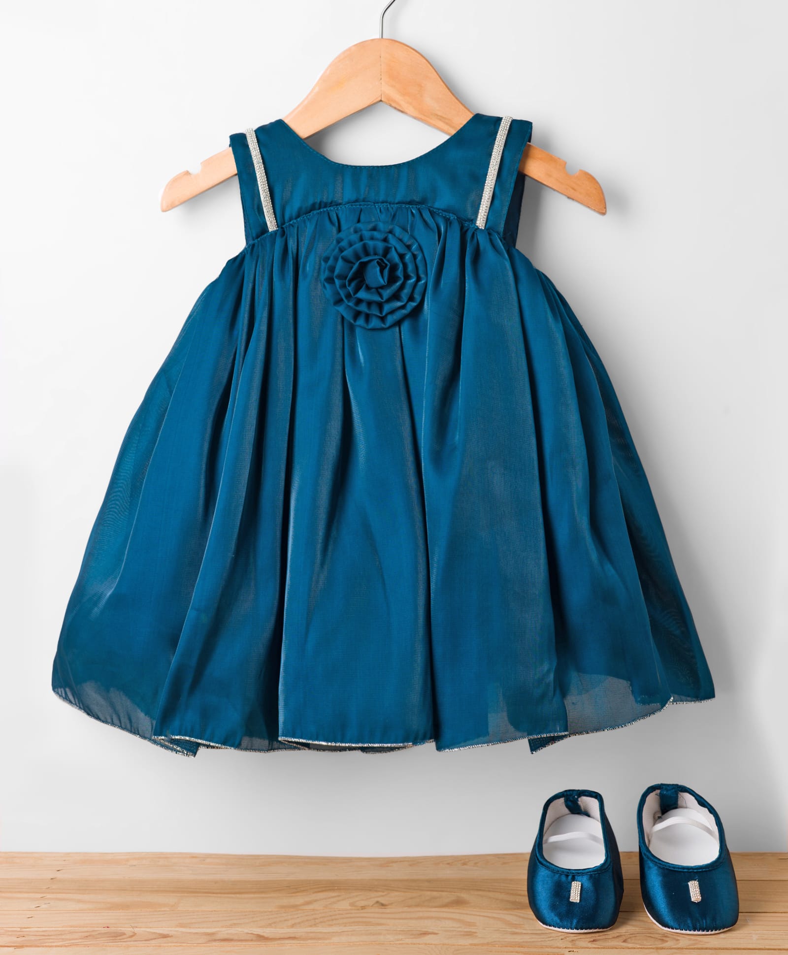Bluebell Woven Sleeveless Solid Color Party Dress with Bow Applique & Booties - Teal Blue-image-47