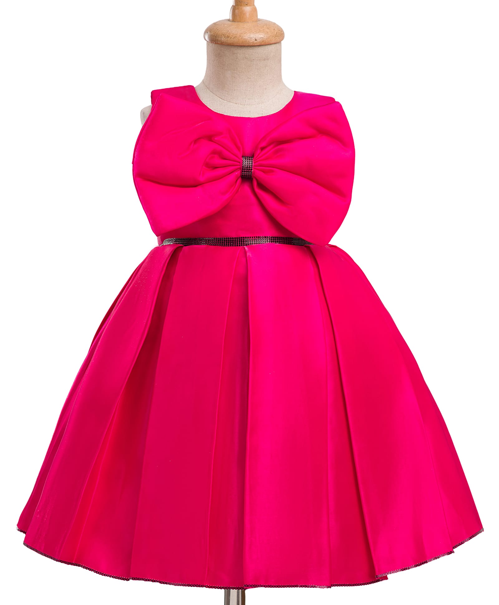 Bluebell Satin Woven Sleeveless Solid Color Party Dress with Bow Applique - Dark Pink-image-7