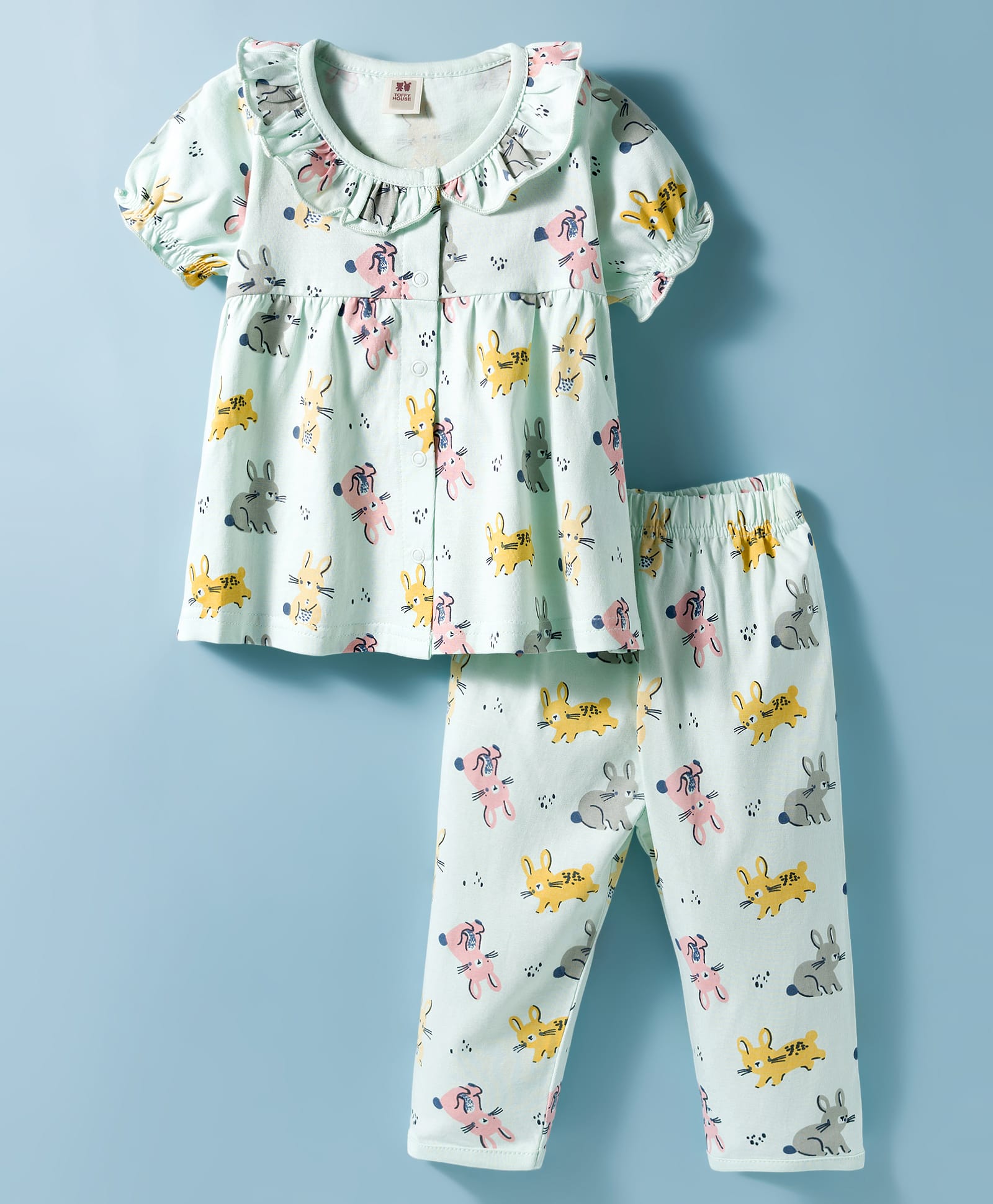 ToffyHouse Cotton Knit Half Sleeves Bunny Printed Co-Ord Top & Pyjama Night Suit - Light Green-image-47