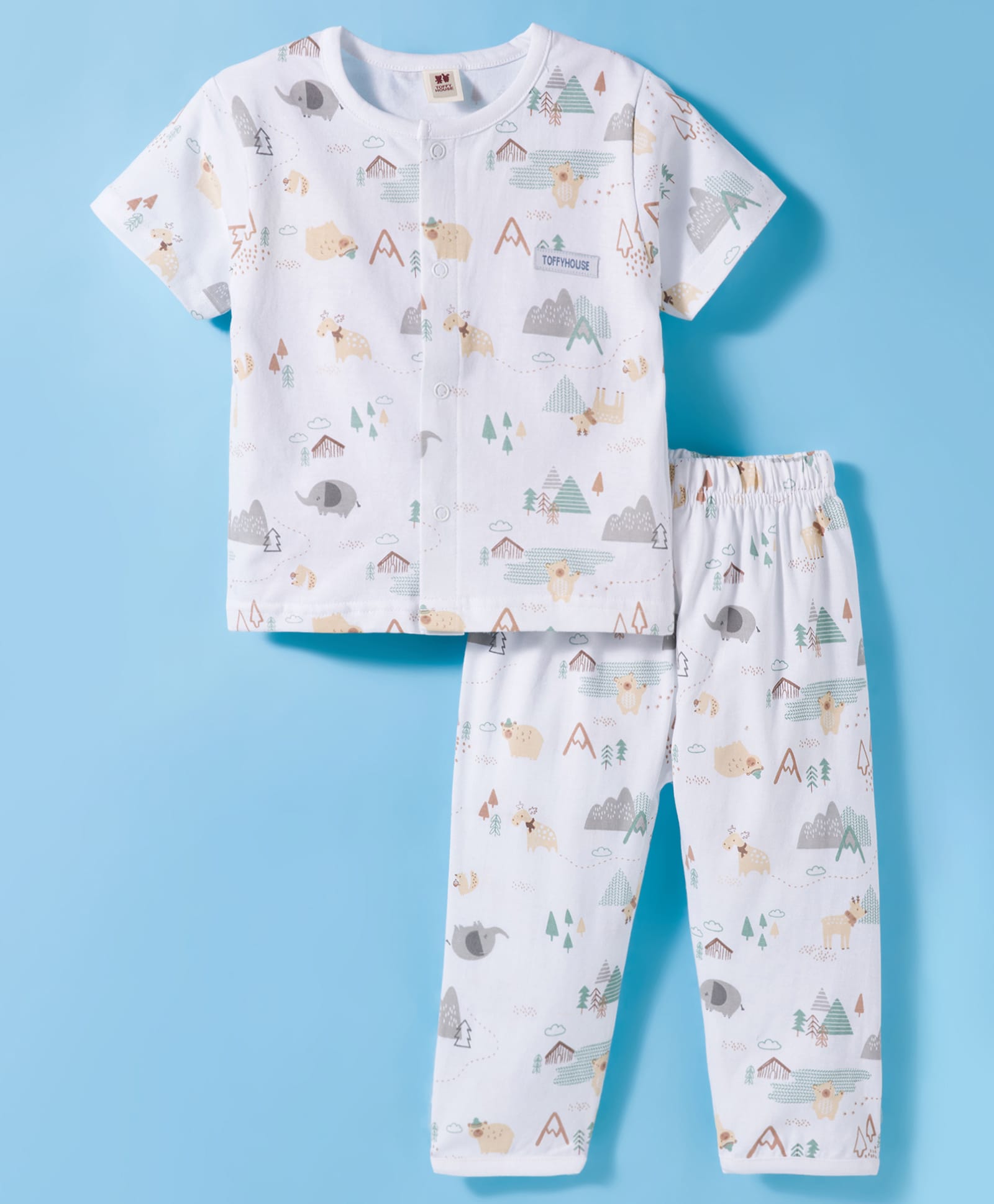 ToffyHouse Cotton Knit Half Sleeves Co-ords T-Shirt Style & Pajama Night Suit with Jungle Theme Print - White-picture-11