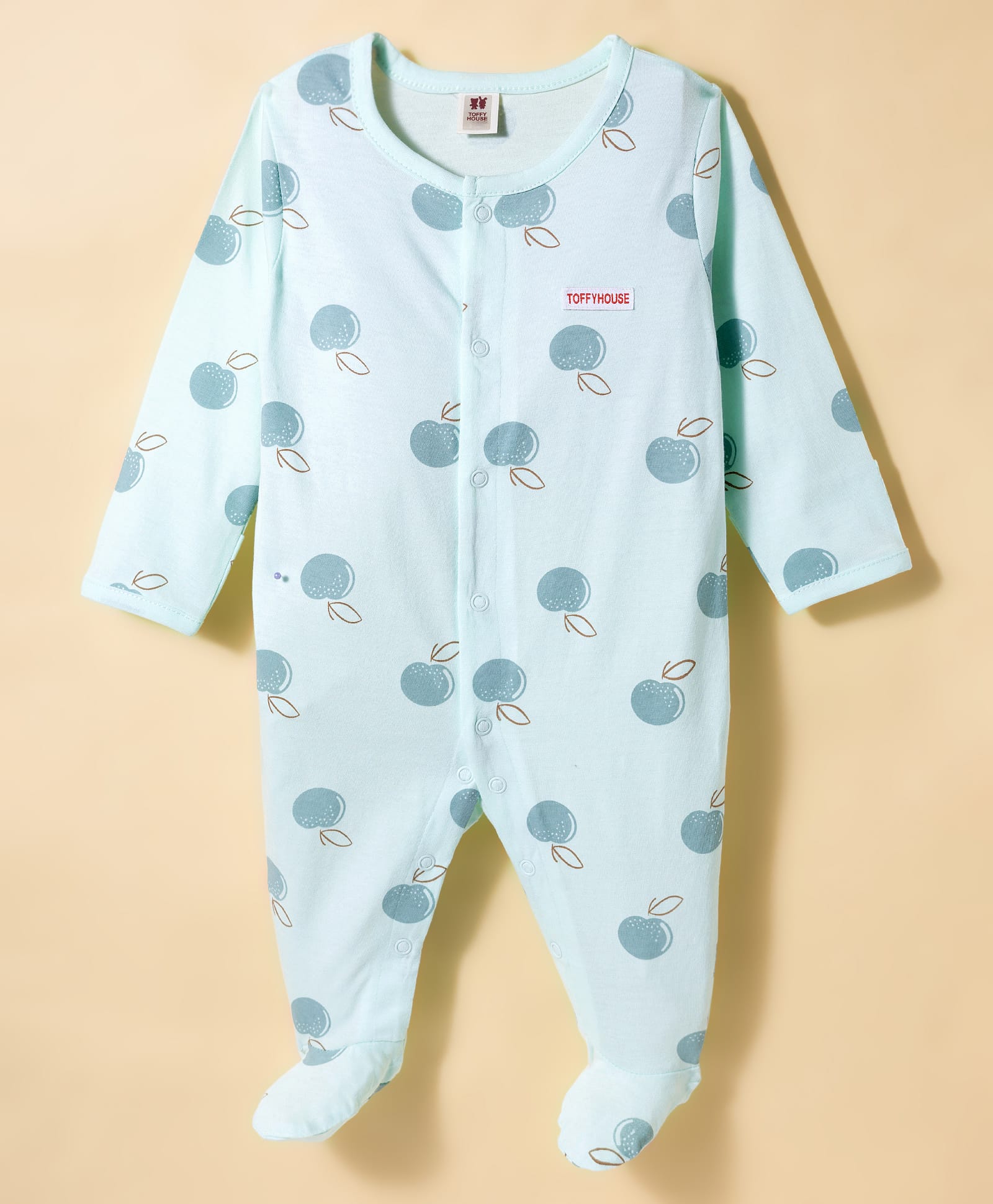 ToffyHouse Cotton Knit Full Sleeves Footed Sleep Suit With Apple Print - Light Green-picture-11