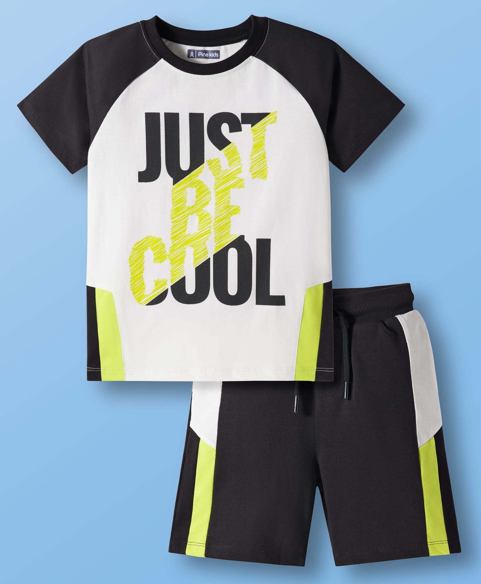 Pine Kids Cotton Knit Half Raglan Sleeves Cut & Sew T-Shirt & Shorts Set with Just Be Cool Print - Black & White
