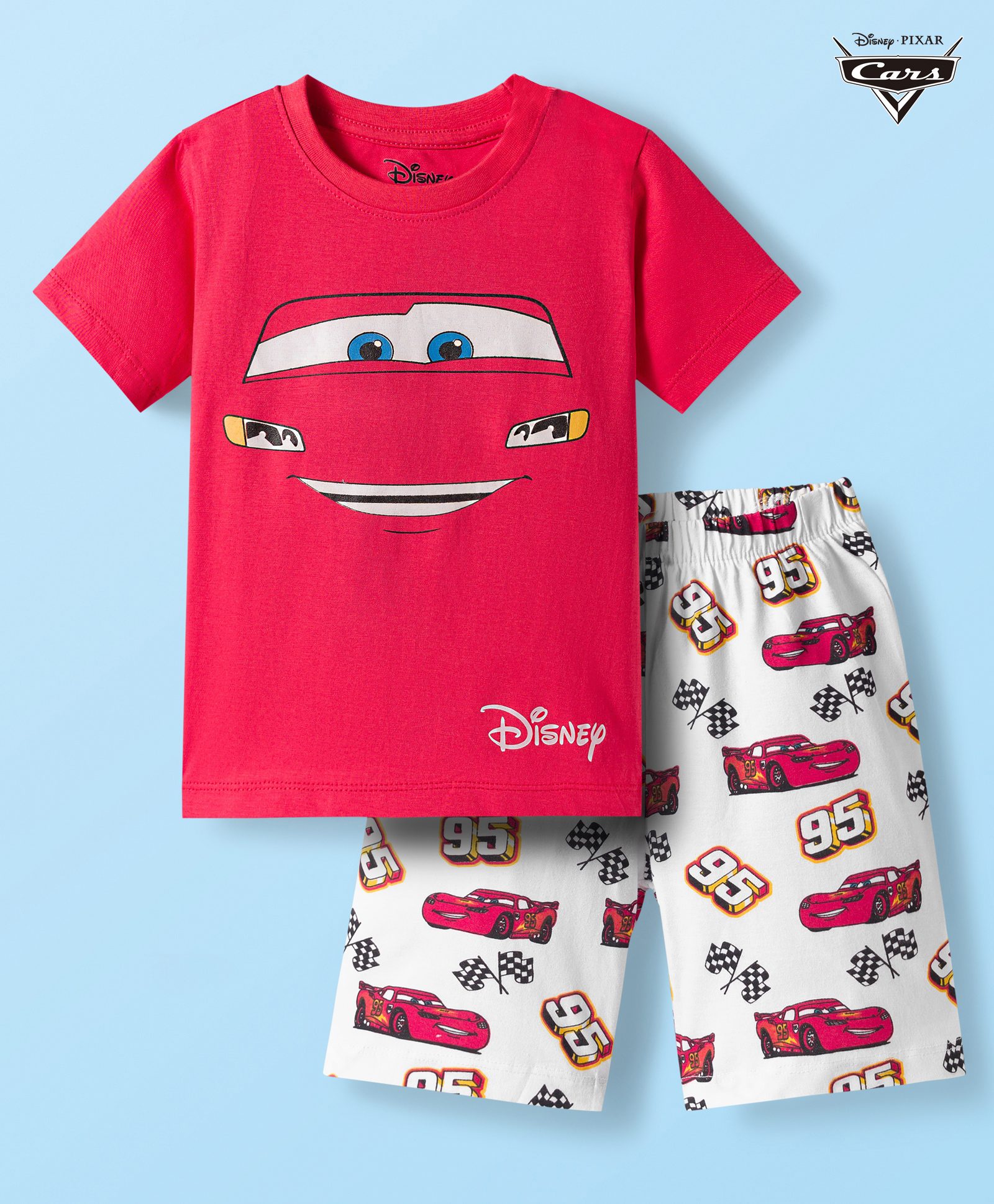 Babyhug Disney Single Jersey Knit Half Sleeves Shorts Night Suit With Cars Graphics - Dark Pink-image-45