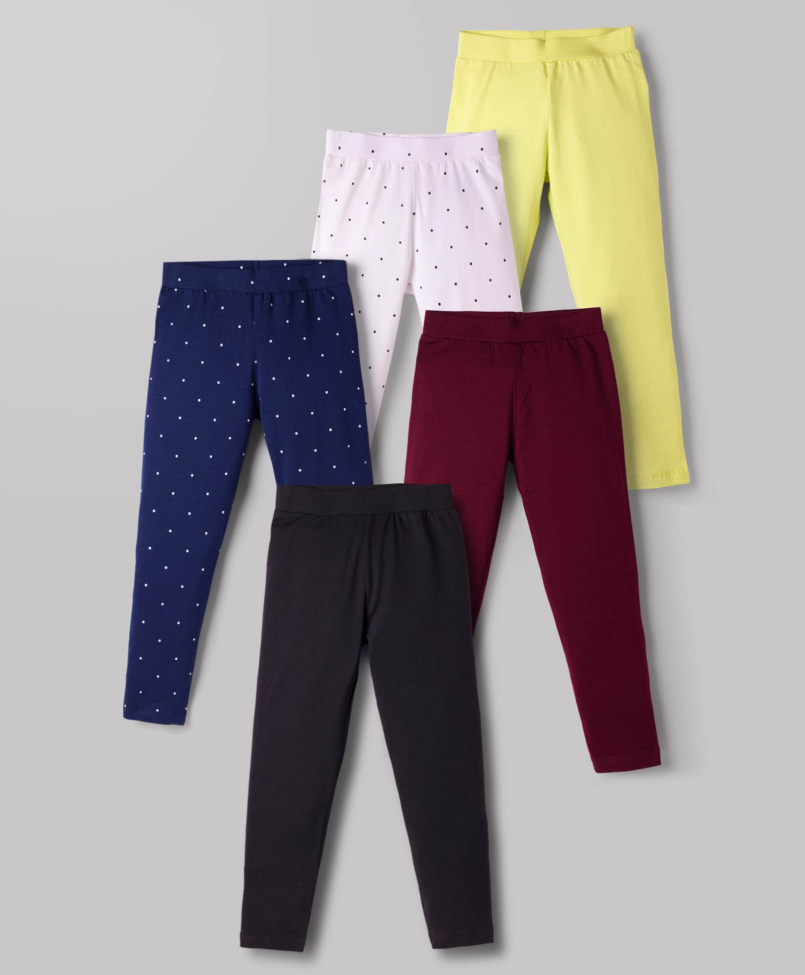Pine Kids Cotton Lycra Knit Full Length Leggings with Polka Dot Print Pack of 5 (Color & Design May Vary)