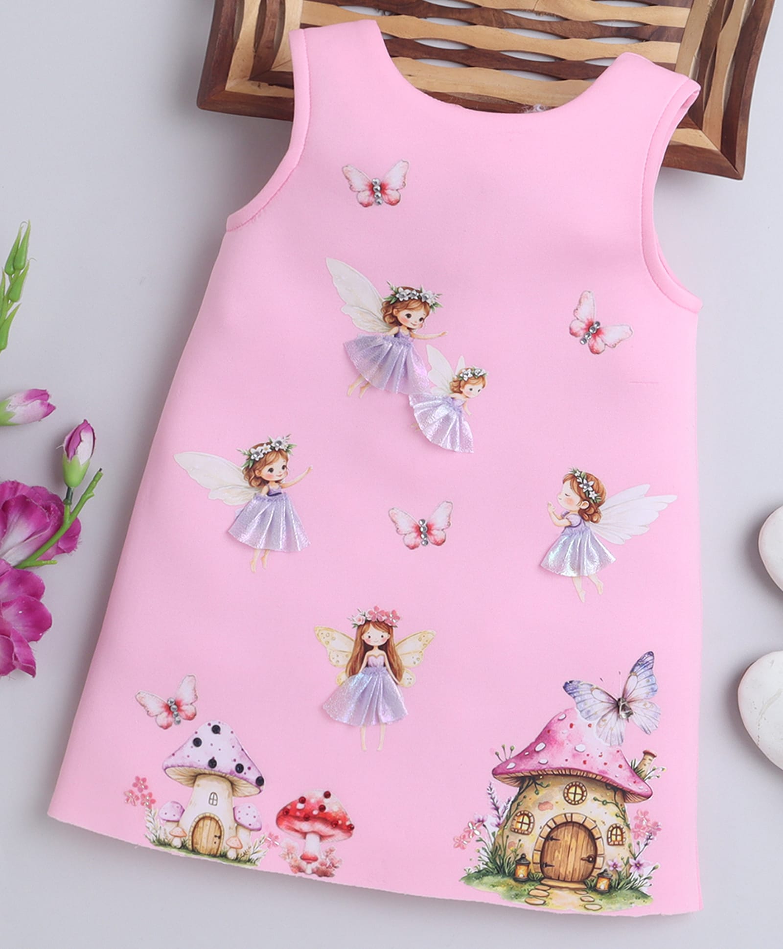 NAVKIYA G Knit Sleeveless Fairy Printed Knee Length Dress - Pink-picture-20