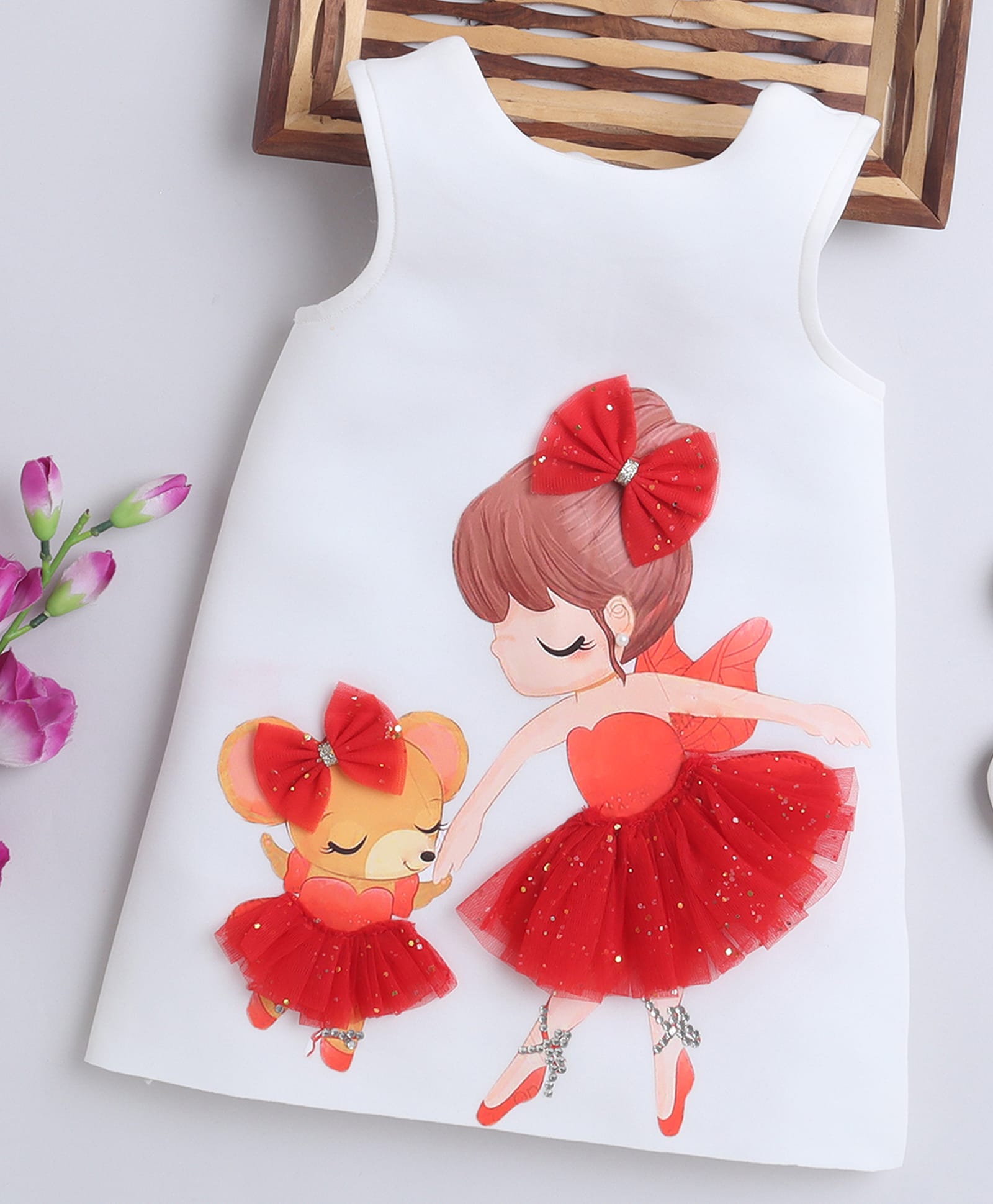 NAVKIYA G Knit Sleeveless Doll Mouse Printed Knee Length Dress - Off White-image-14