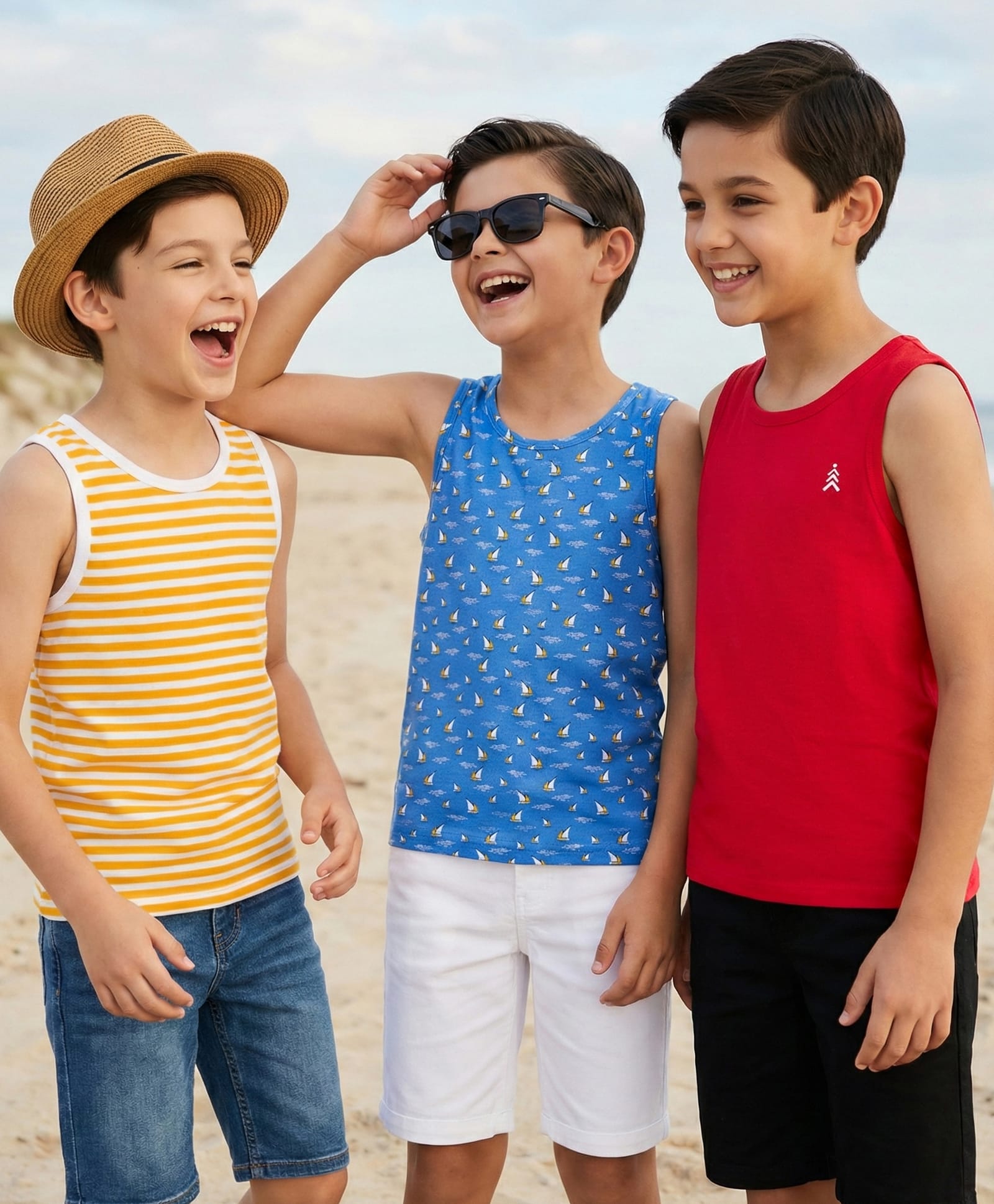 Pine Kids Cotton Knit Sleeveless Striped & Boat Printed Vests Pack of 3 - ( Colour May Vary)-image-5
