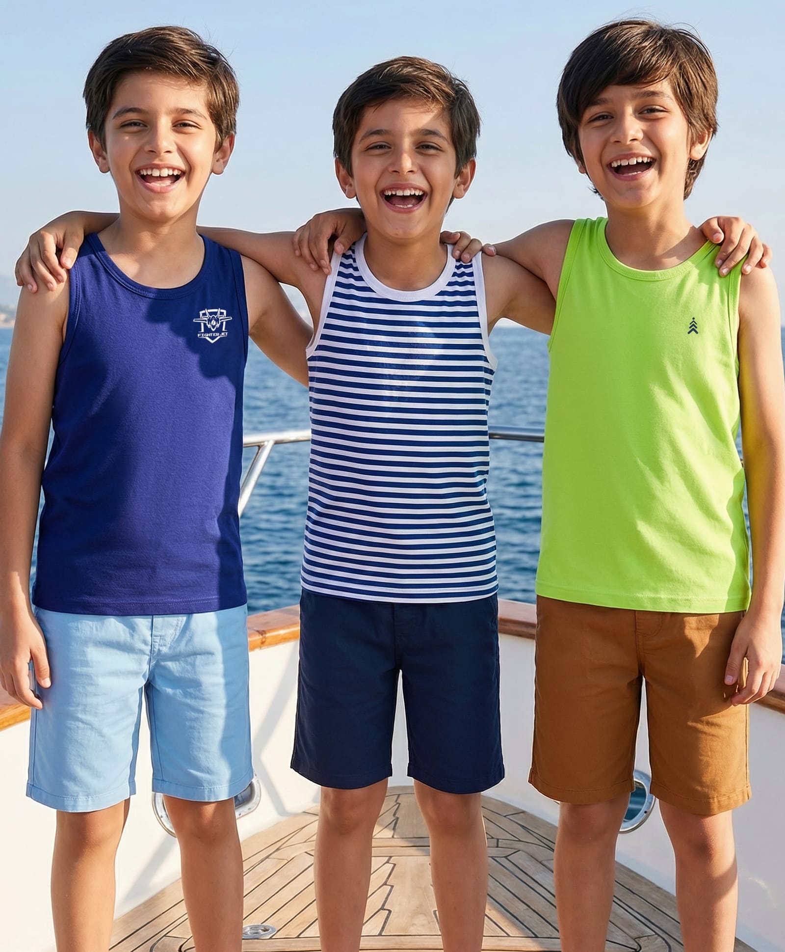 Pine Kids Cotton Knit Sleeveless Vests with Fighter Jet Print & Stripes Pack of 3 (Color & Design May Vary)-image-2