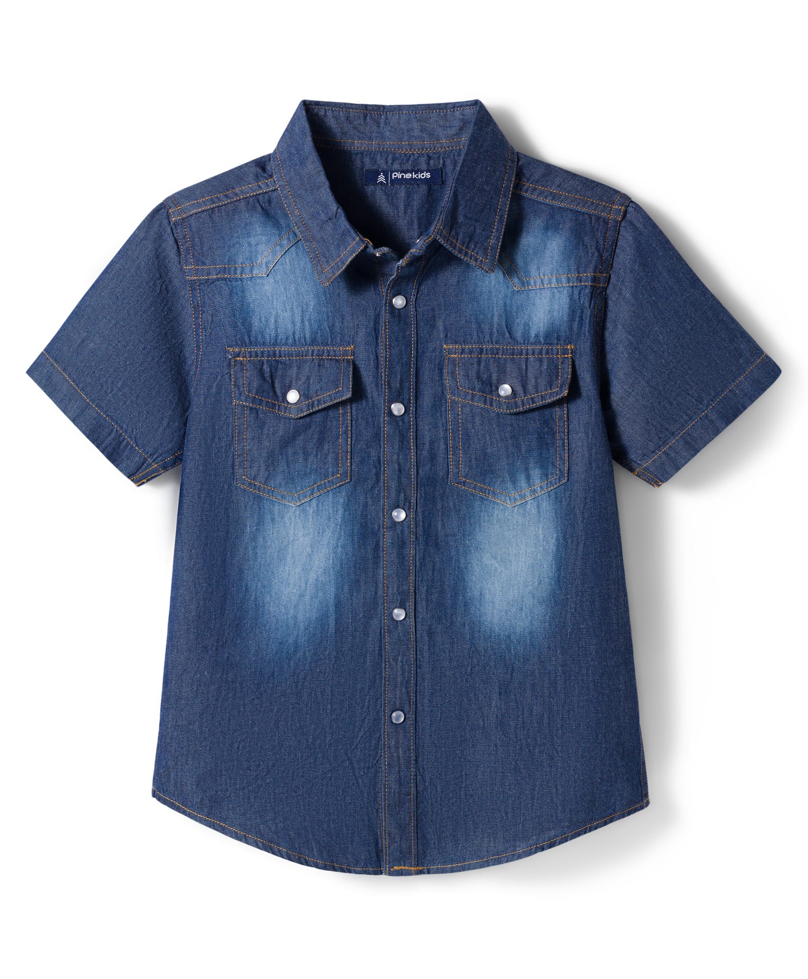 Pine Kids Woven Half Sleeves Washed Denim Shirt - Blue-image-2