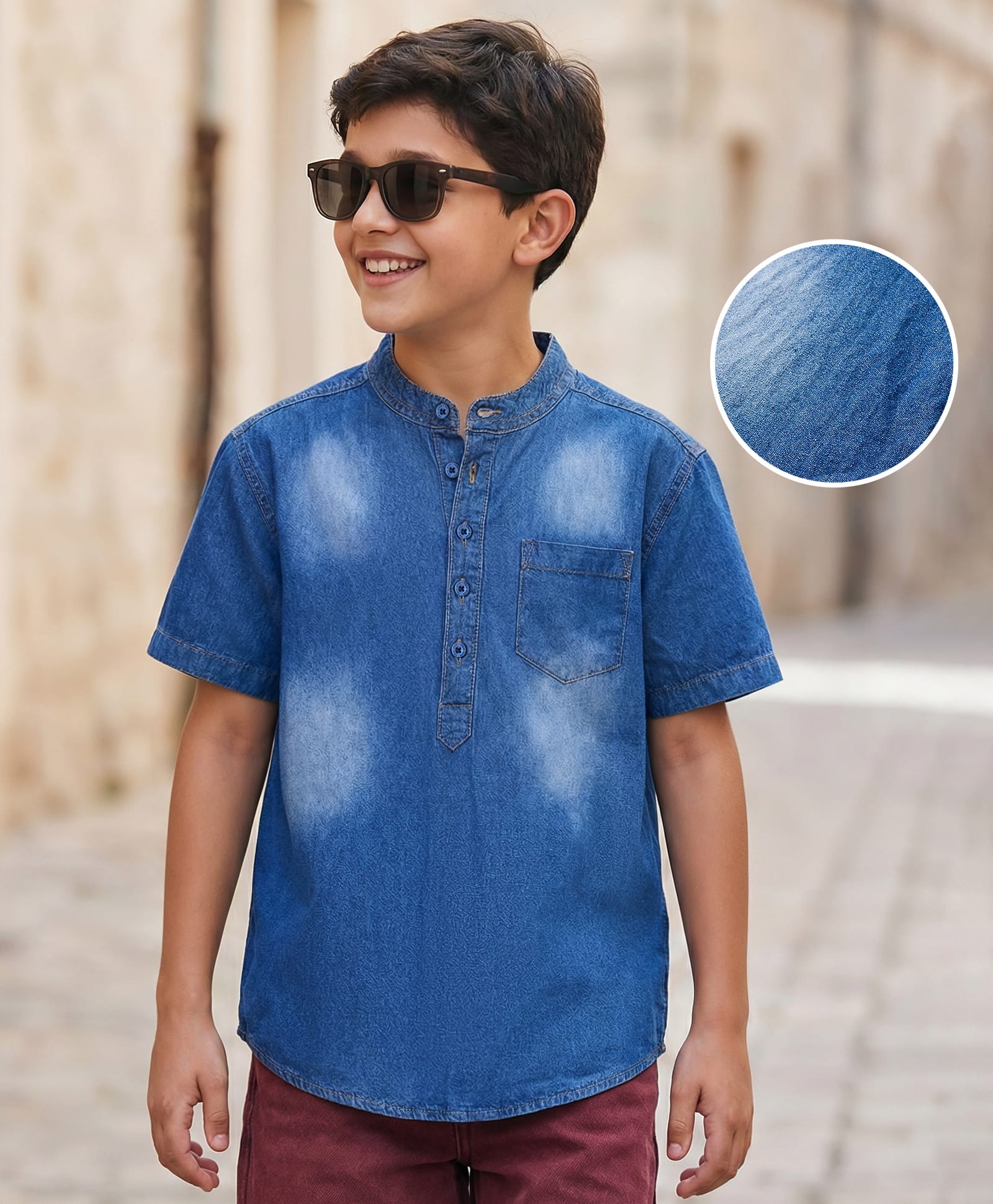 Pine Kids Denim Woven Half Sleeves Mandarin Collar Washed Shirts - Blue-picture-18