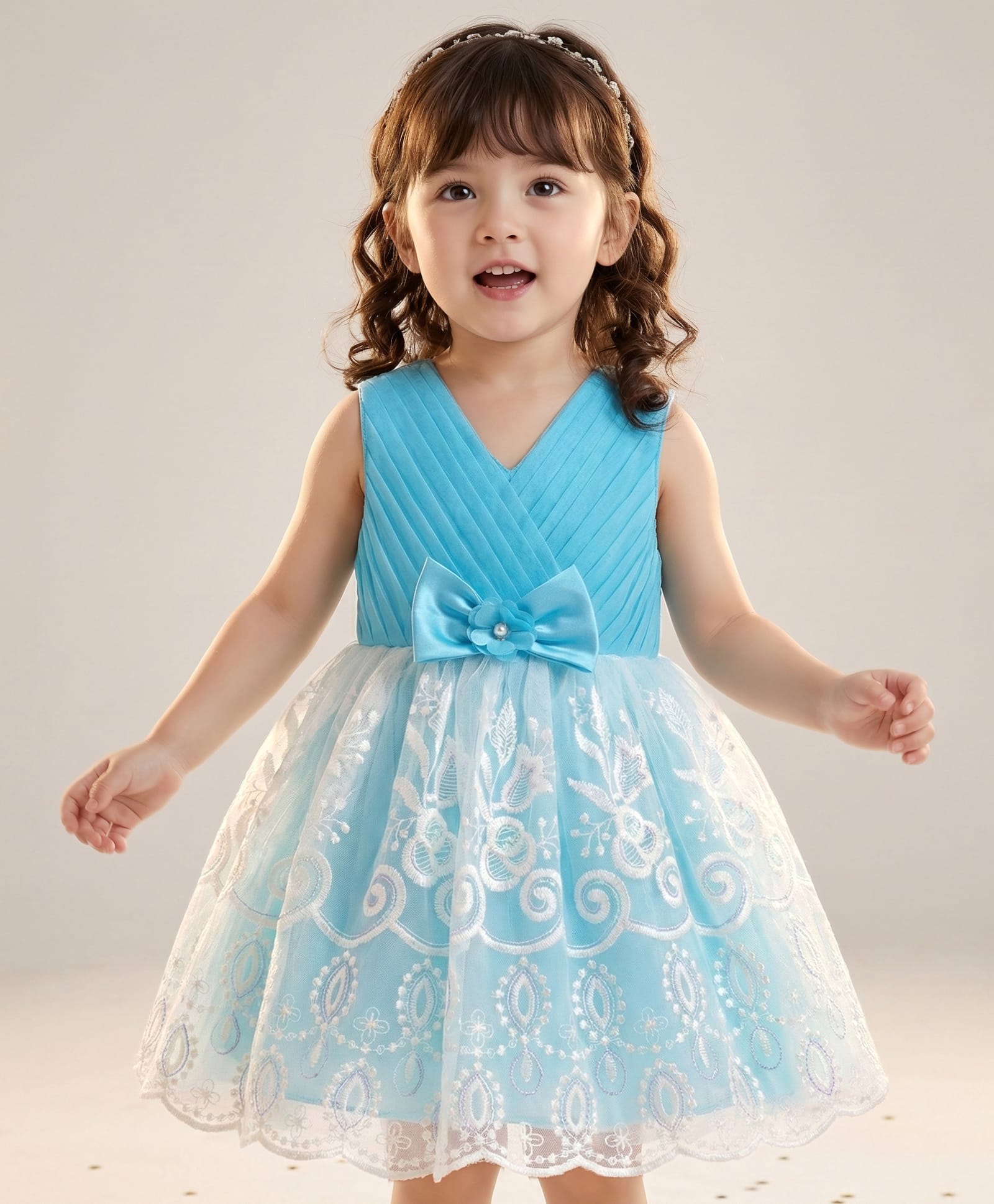 Babyhug Mesh Woven Sleeveless Party Dress With Floral Embroidery & Applique - Light Blue-image-14