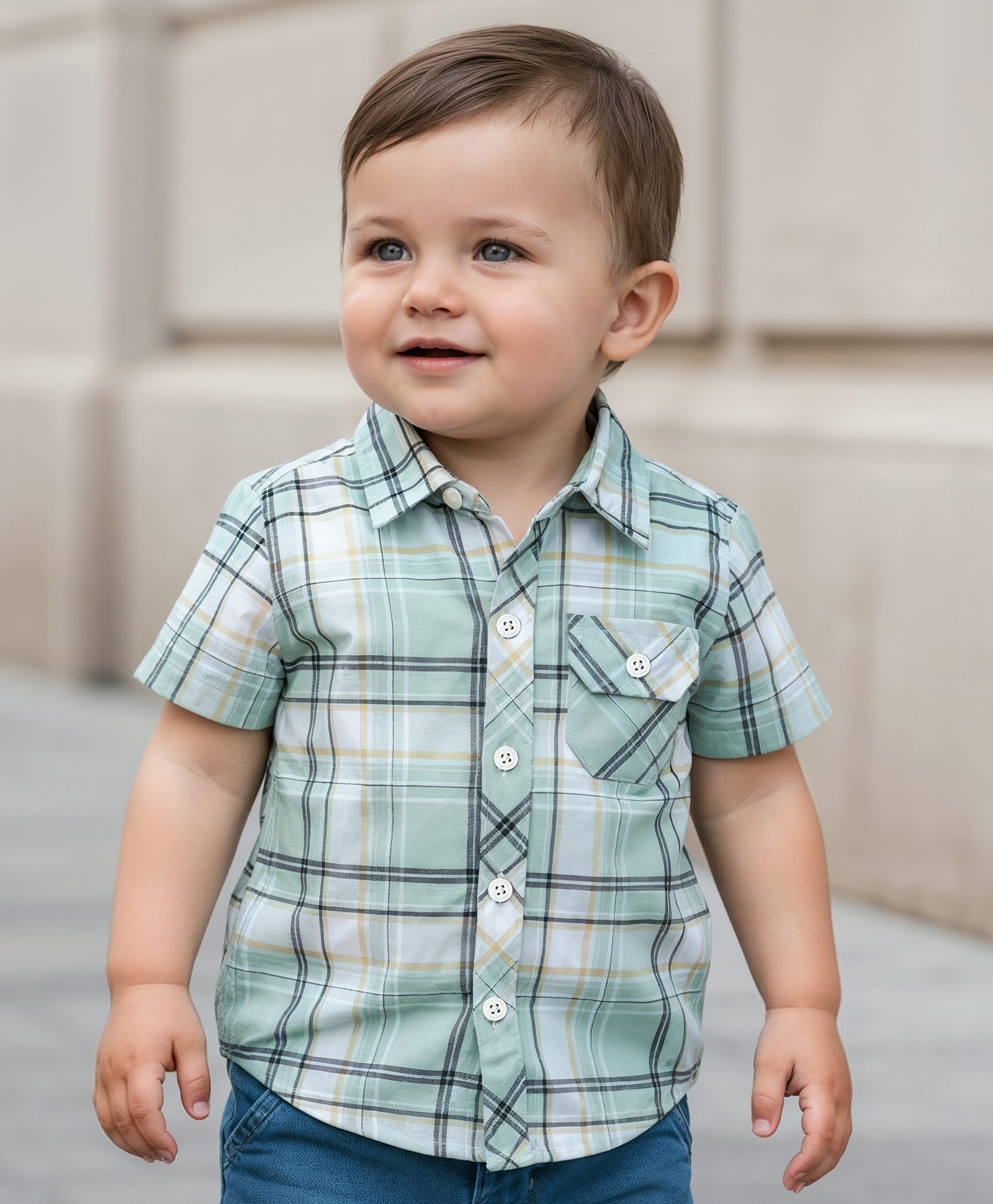 Babyoye 100% Cotton Woven Half Sleeves Shirt With Checks - Green & Beige-picture-16