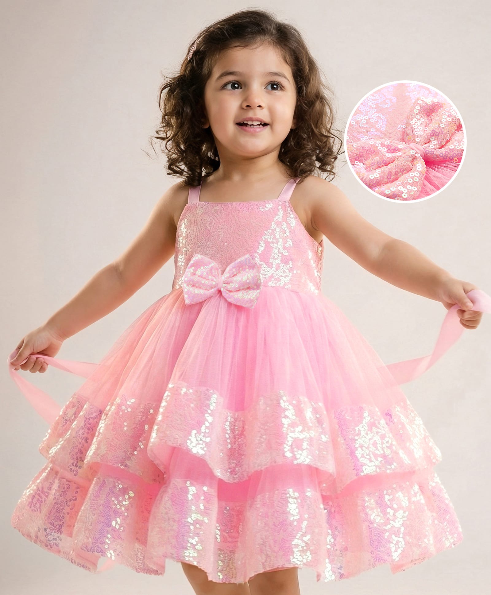 Babyhug Mesh Woven Sleeveless Party Dress With Sequin Detailing & Bow Applique - Dark Pink-image-6