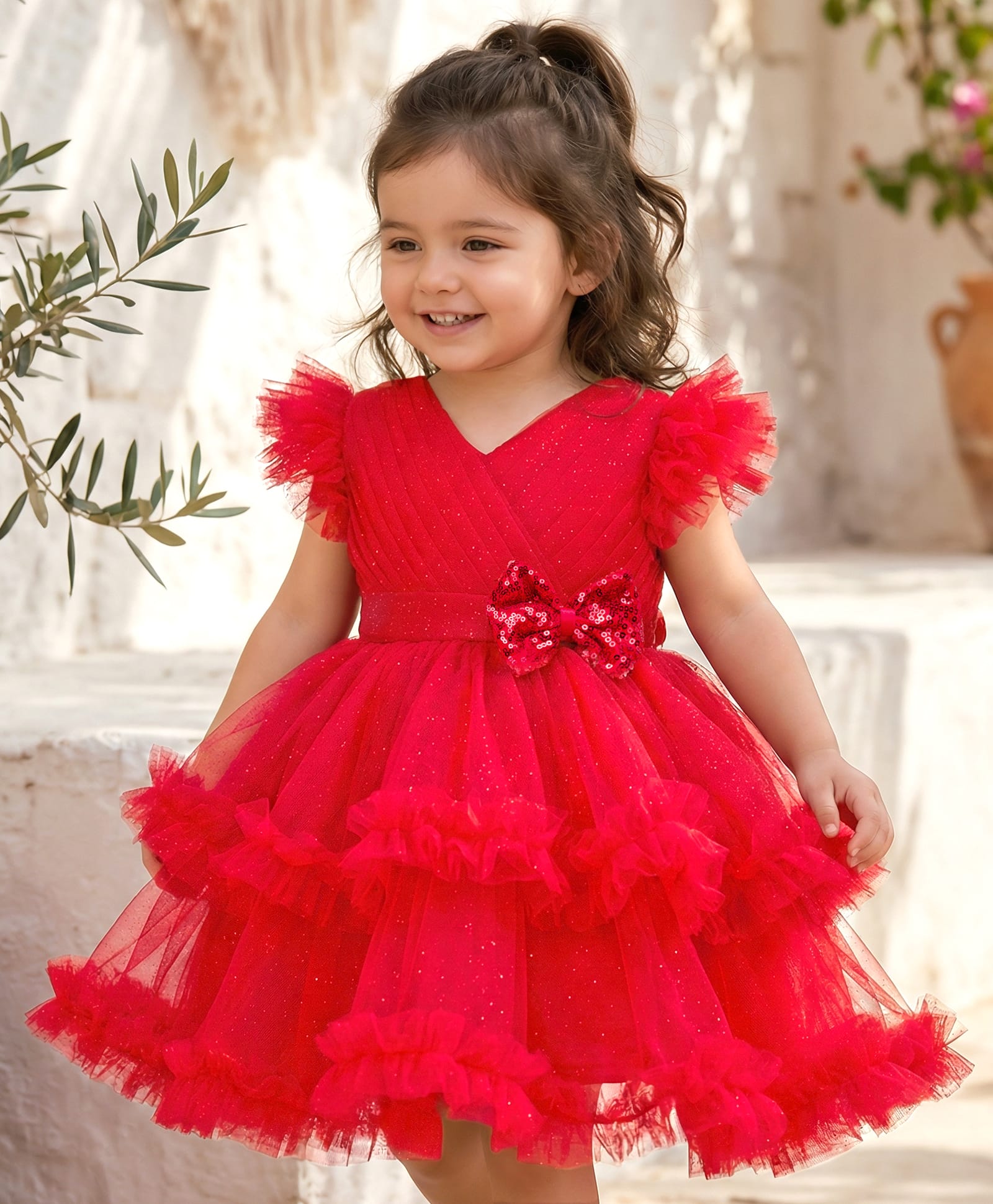 Babyhug Mesh Woven Frill Sleeves Solid Colour Frilled Dress with Bow Applique - Red-image-38