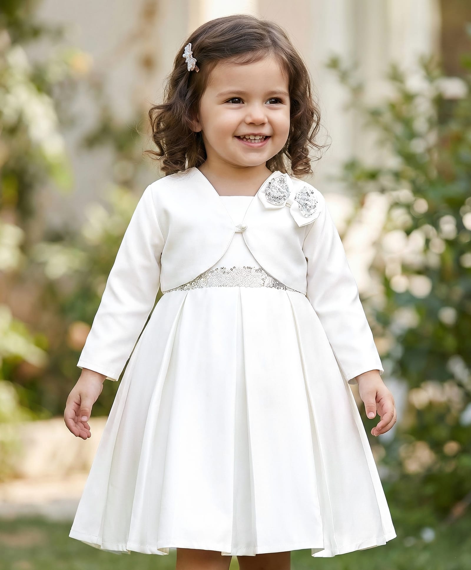 Babyhug Satin Woven Party Dress & Full Sleeves Shrug With Bow Applique - White-image-34