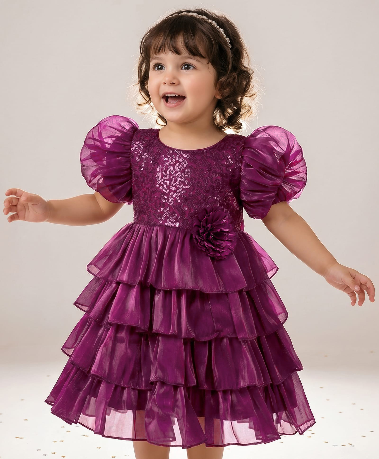 Babyhug Woven Half Puffed Sleeves Party Dress With Sequin Detailing on Yoke & Floral Applique - Wine-image-45