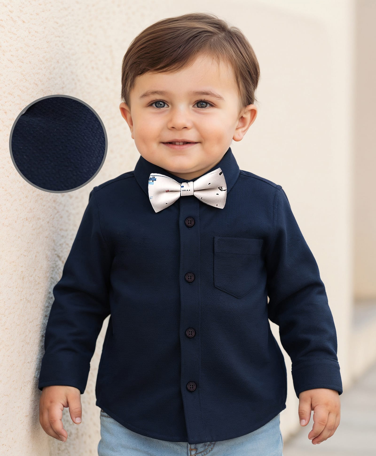 Babyoye Cotton Woven Full Sleeves Solid Colour Shirt With Bow - Navy Blue-picture-19