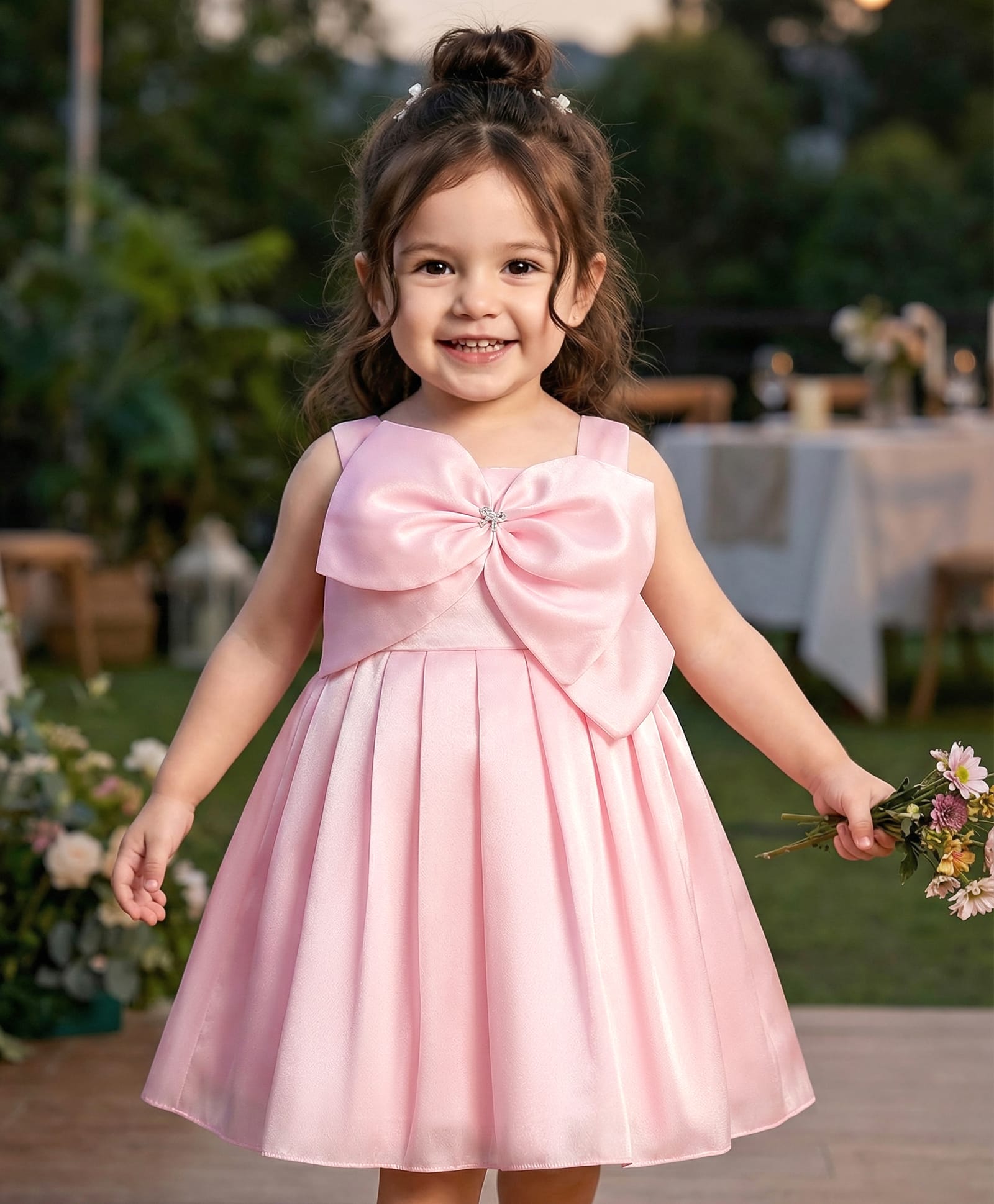 Babyhug Woven Sleeveless Solid Color Pleated Party Dress with Bow Applique - Baby Pink-image-2