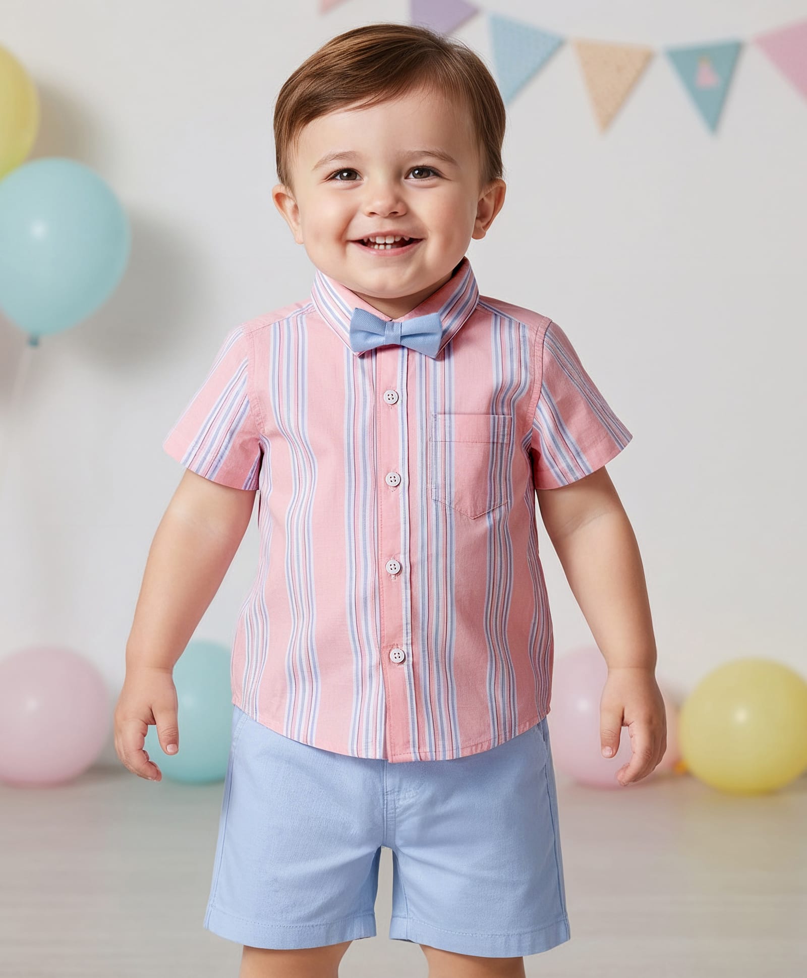 Babyoye 100% Cotton Knit Half Sleeves Striped Party Shirt & Shorts Set with Bow - Light Orange & Blue-picture-34