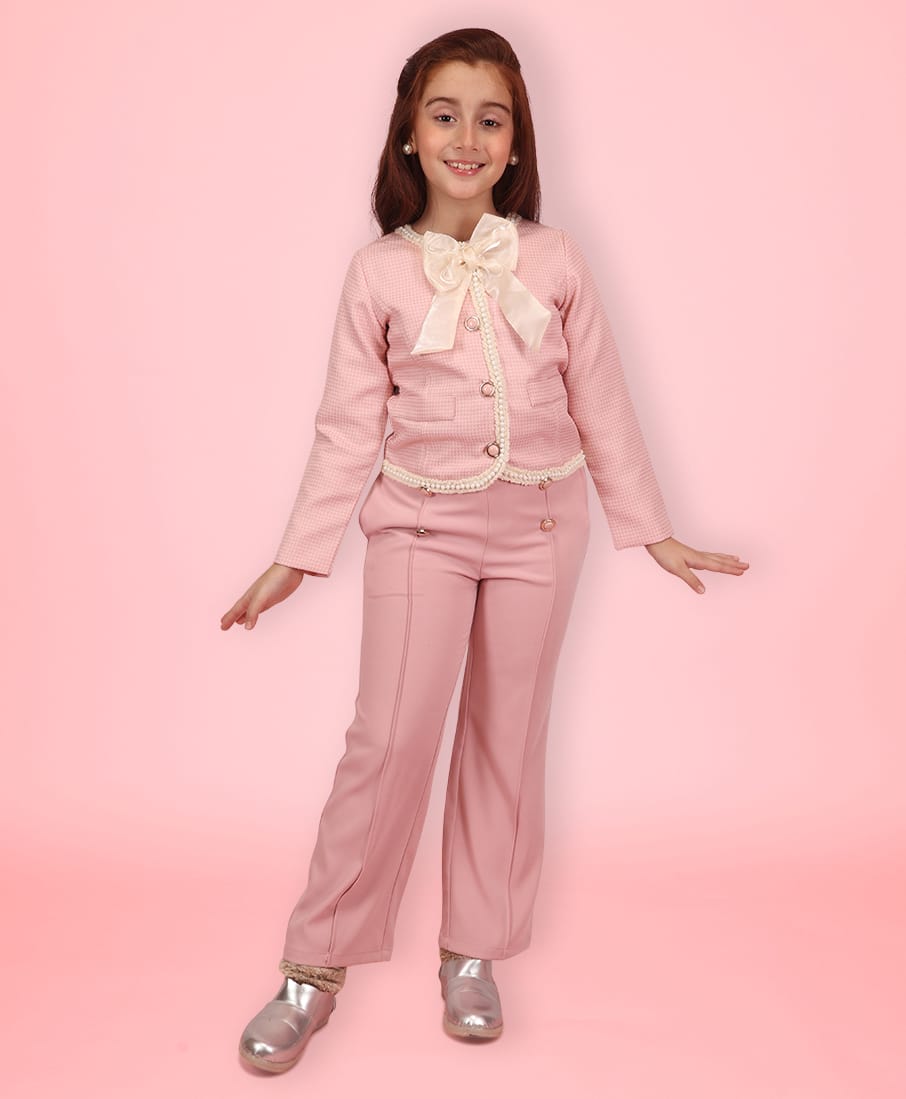 Cutecumber Knit Full Sleeves Bow Applique Detailed & Pearls Embellished Jacket & Pant Set - Peach-image-25