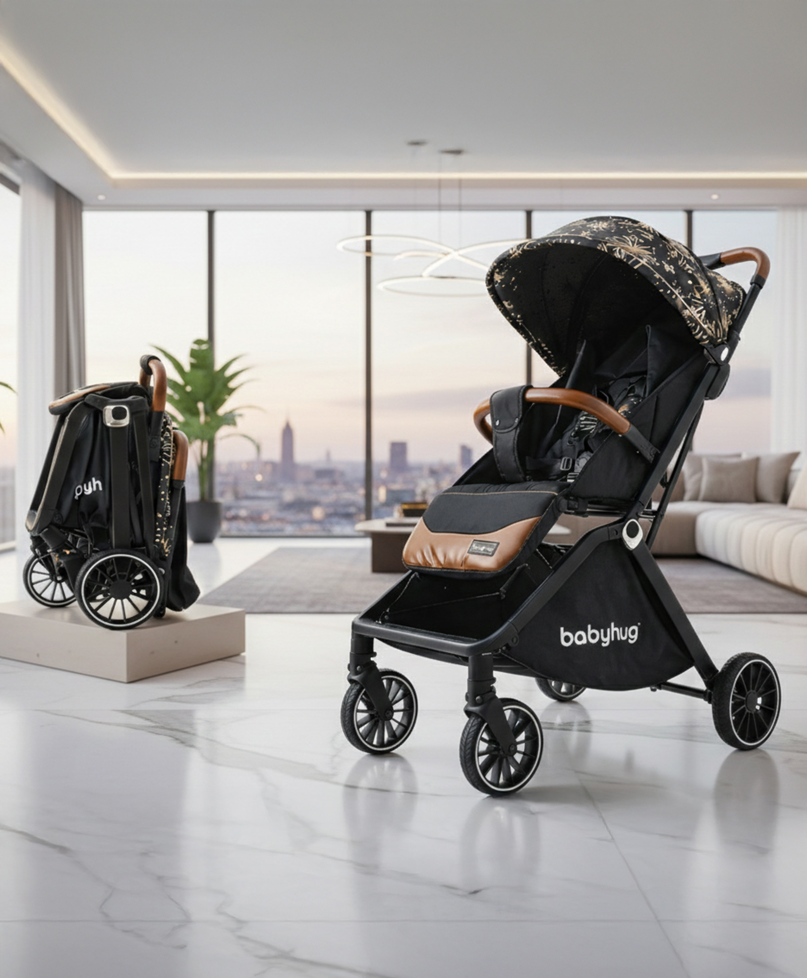 Babyhug Auto-fold Baby Stroller with Concealed Linked Brake - Black| One-Hand Compact Fold| 5-Point Harness| Shock Absorbing Wheels| Travel-Friendly| 0-3 Years Boys & Girls| Reclining Seat| PU Handle