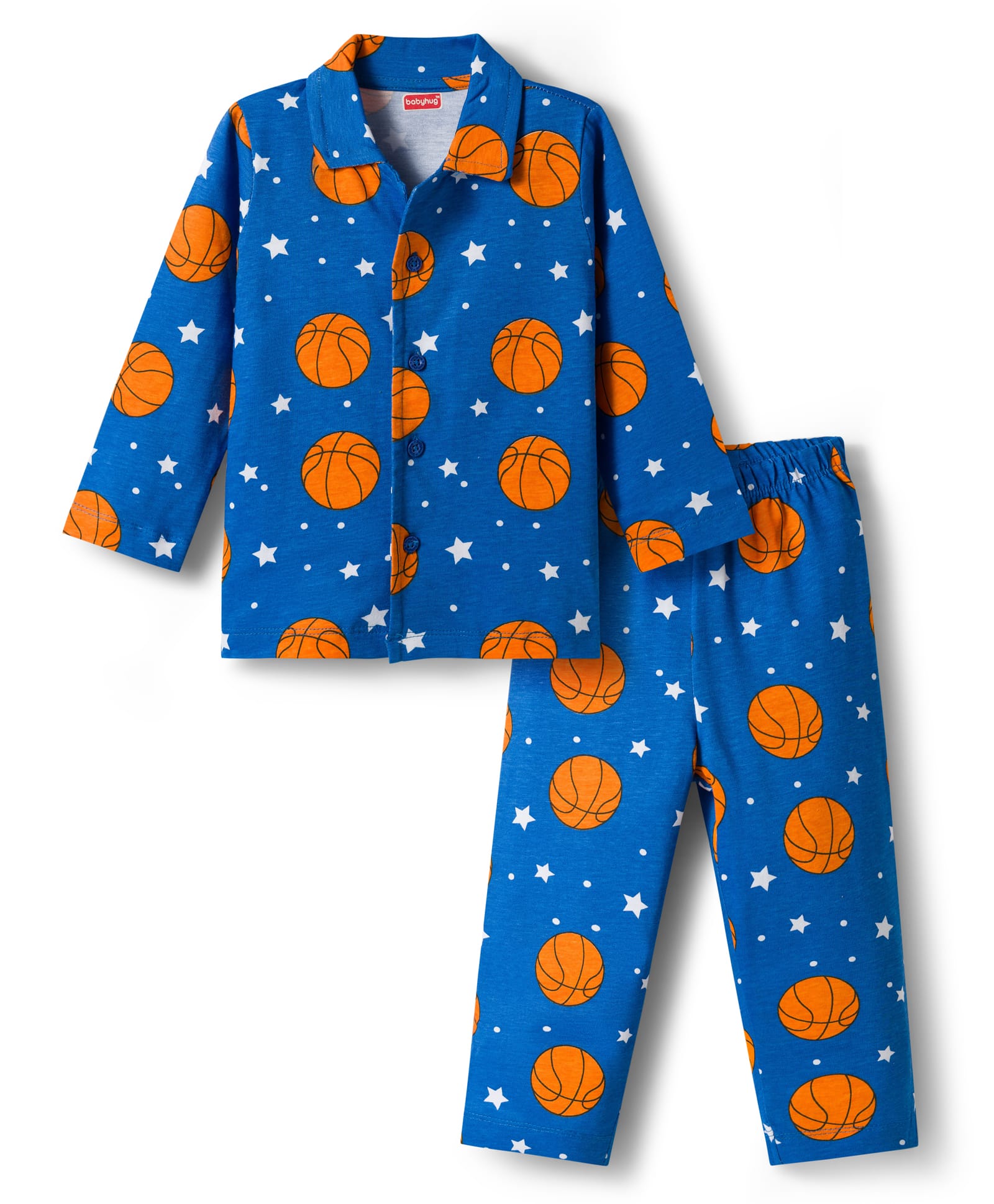 Babyhug Cotton Knit Full Sleeves Co-ords Night Suit With Basketball Print - Blue-image-28