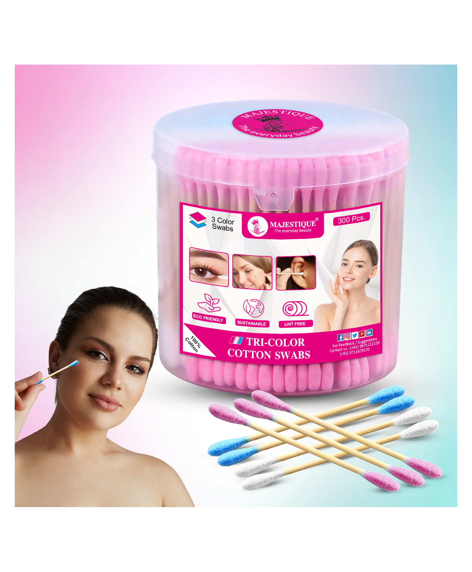 Majestique Tri Color Cotton Swabs Eco Friendly Earbuds for Cleaning 300 Sticks-image-3