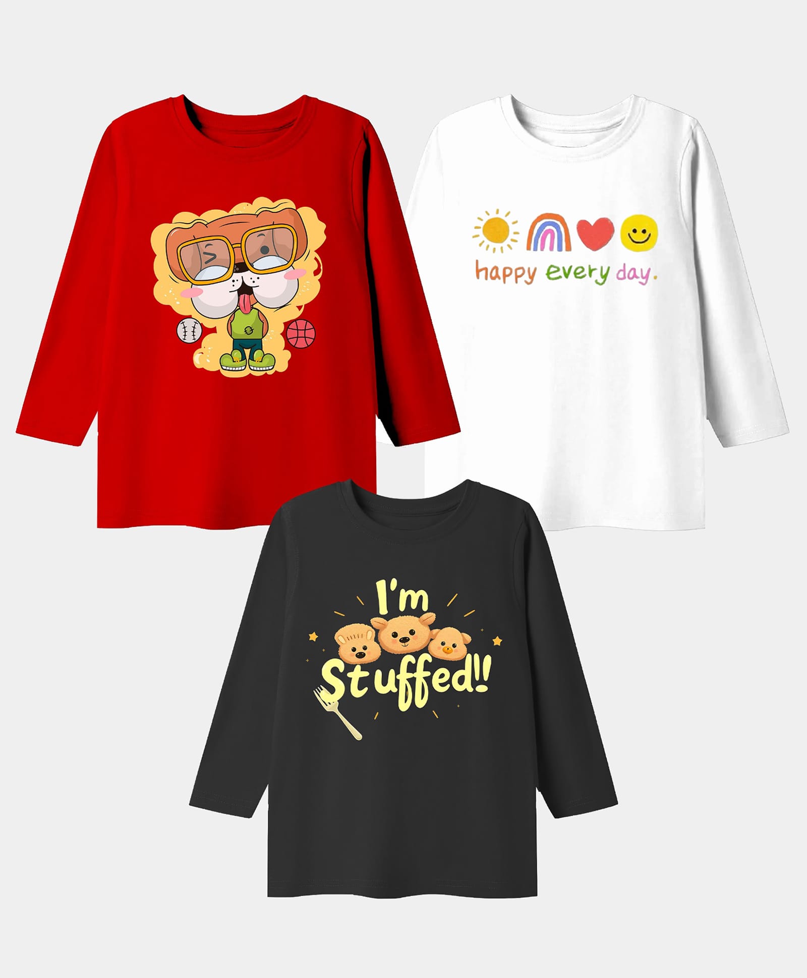 KAVEE Pure Cotton Knit Pack Of 3 Full Sleeves Typography & Animal Printed Tees - Red Black & White-picture-13