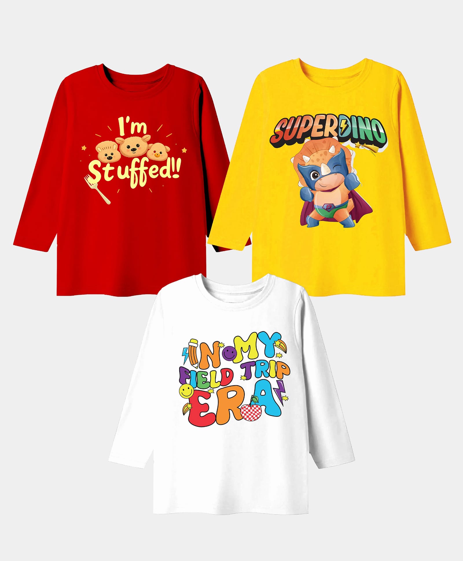 KAVEE Pure Cotton Knit Pack Of 3 Full Sleeves I M Stuffed Text & Animal Printed Tees - Red White & Yellow-picture-10