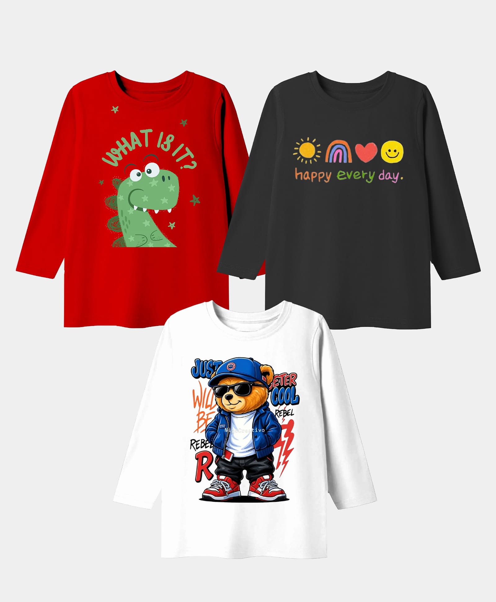 KAVEE Pure Cotton Knit Pack Of 3 Full Sleeves Typography & Dinosaur Printed Tees - Red Black & White-picture-22