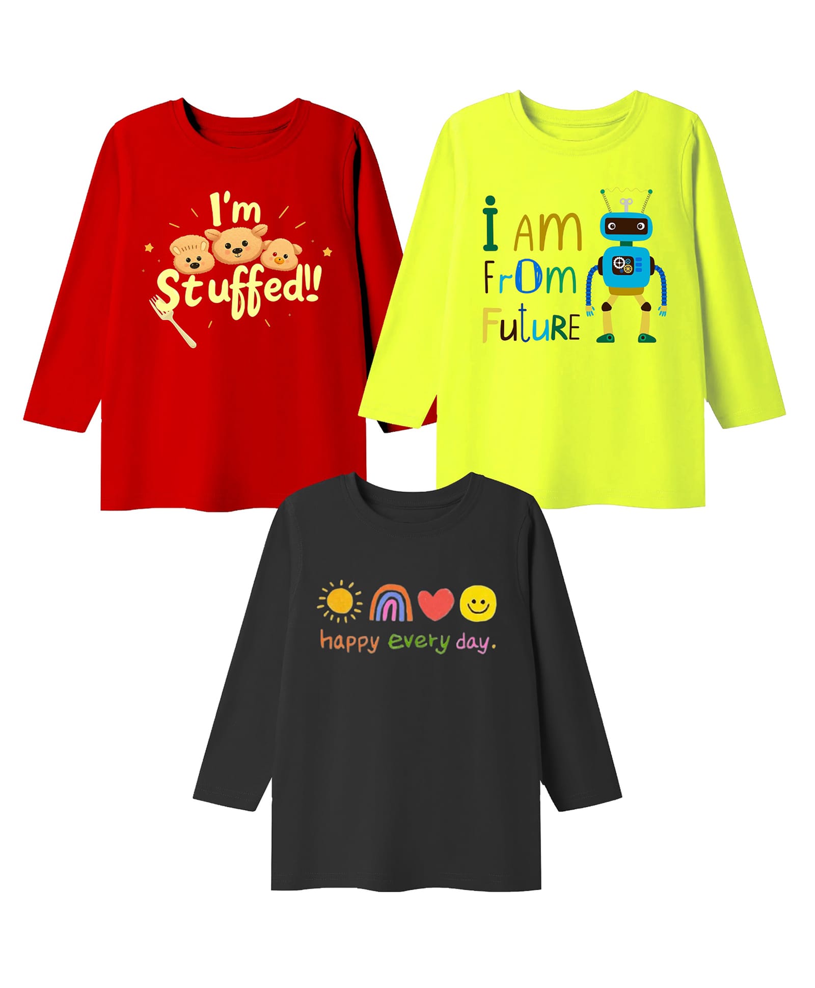 KAVEE Pure Cotton Knit Pack Of 3 Full Sleeves Typography & Robot Printed Tees - Red Black & Neon Green-picture-25