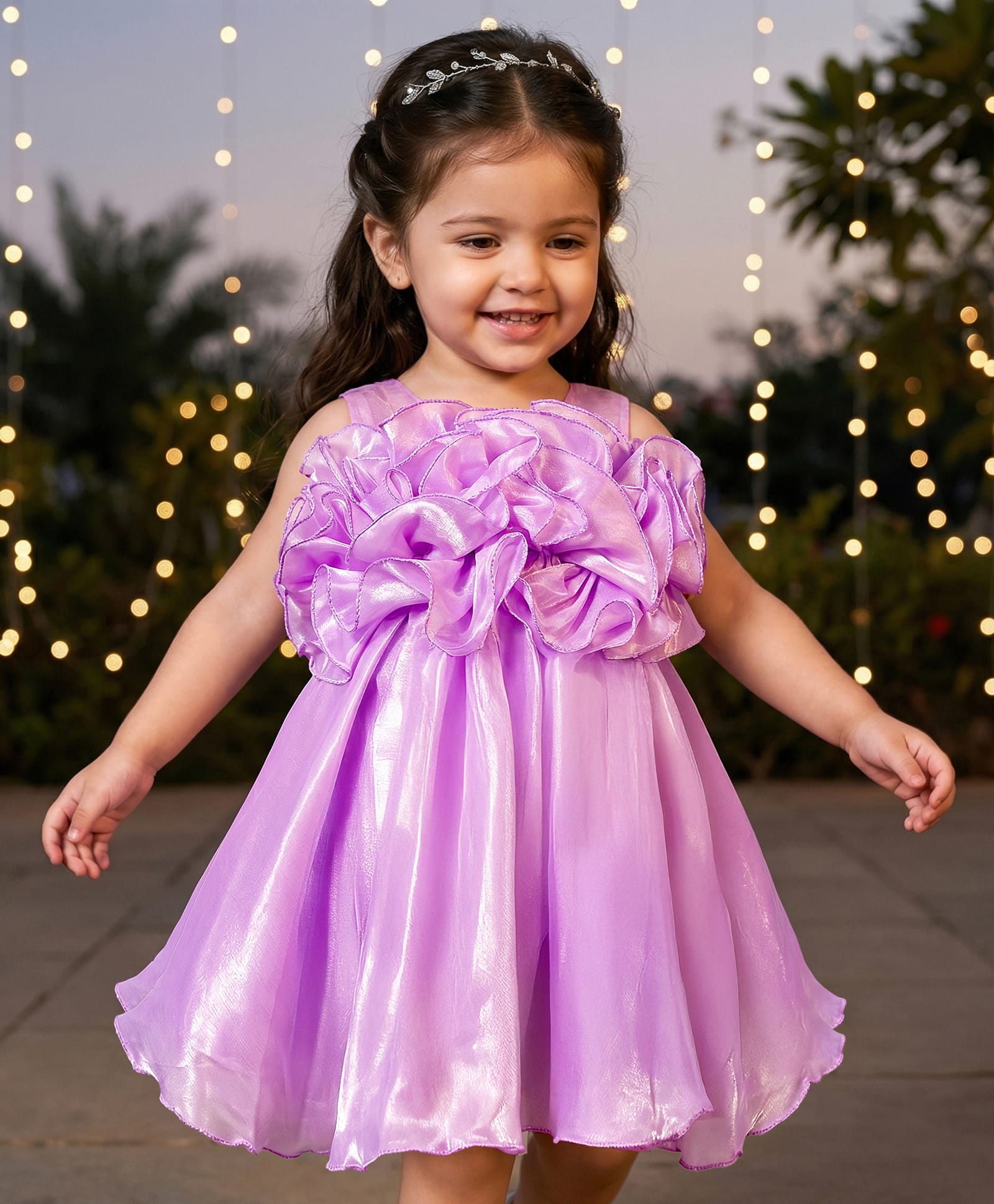 Babyhug Woven Sleeveless Party Dress with Floral Applique - Lavender-image-34