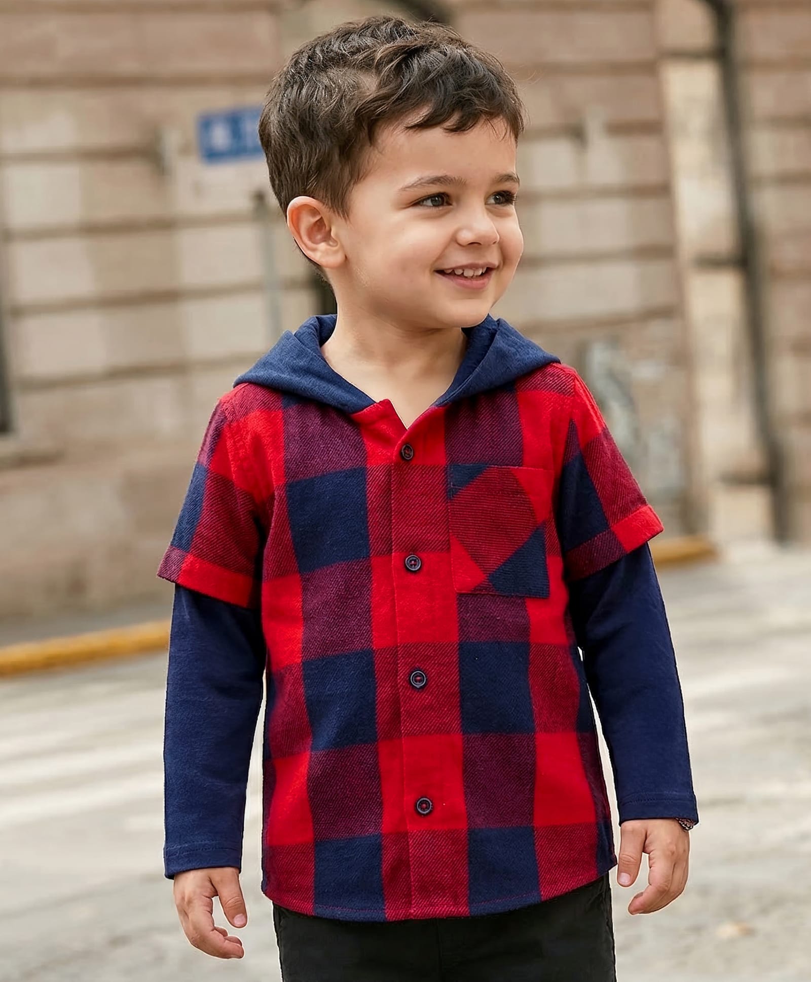 Babyhug Cotton Woven Full Doctor Sleeves Hooded Shirt with Checks - Red-picture-21