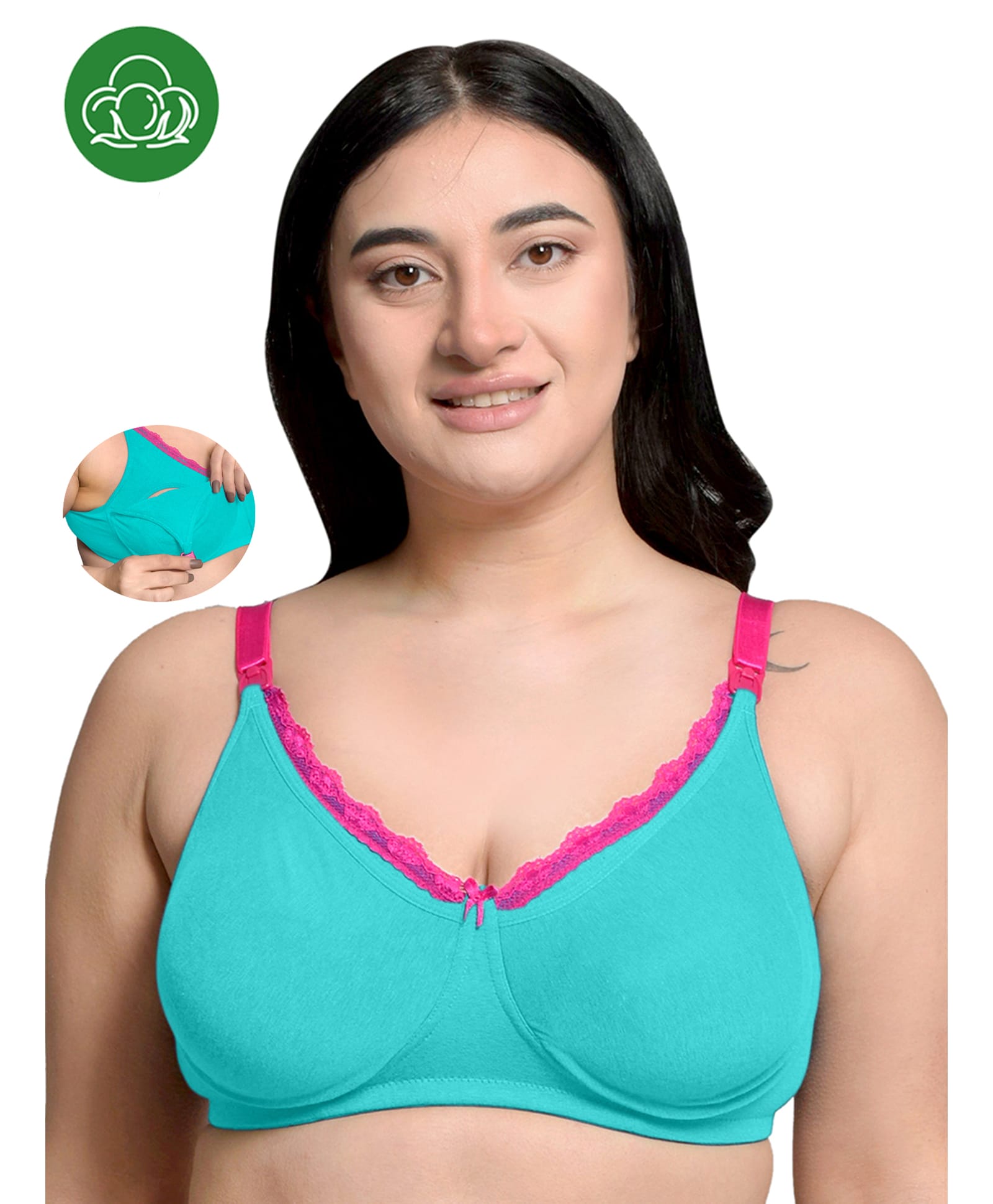 Inner Sense Organic Cotton Knit Lace Detailed Non Padded Plus Size Maternity Bra With Side Open Nursing Access - Green
