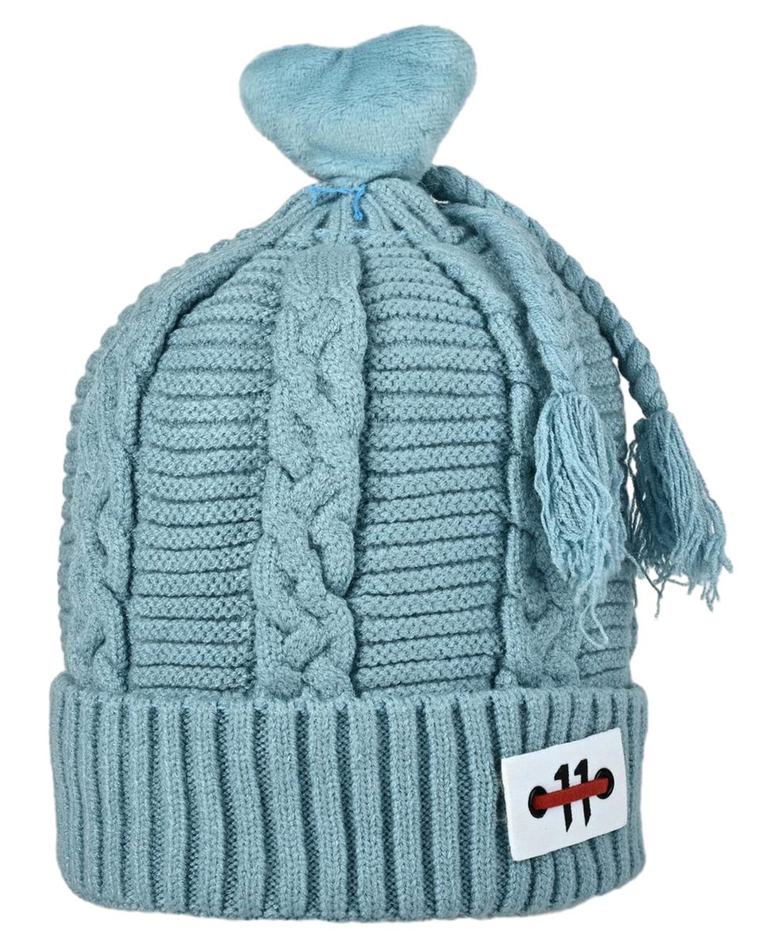 Kid-O-World Cable Knit Heart Pom Pom Embellished Cap - Light Blue - Circumference - 50 Cms-image-3