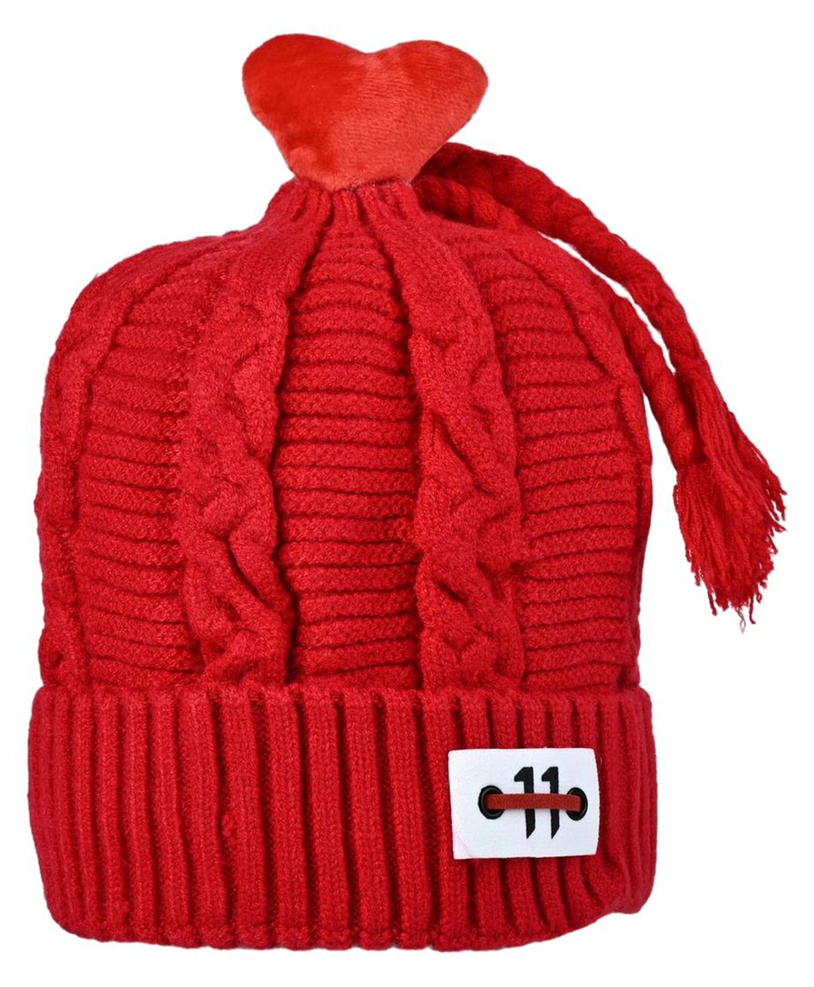 Kid-O-World Cable Knit Heart Pom Pom Embellished Cap - Red - Circumference - 50 Cms-image-38