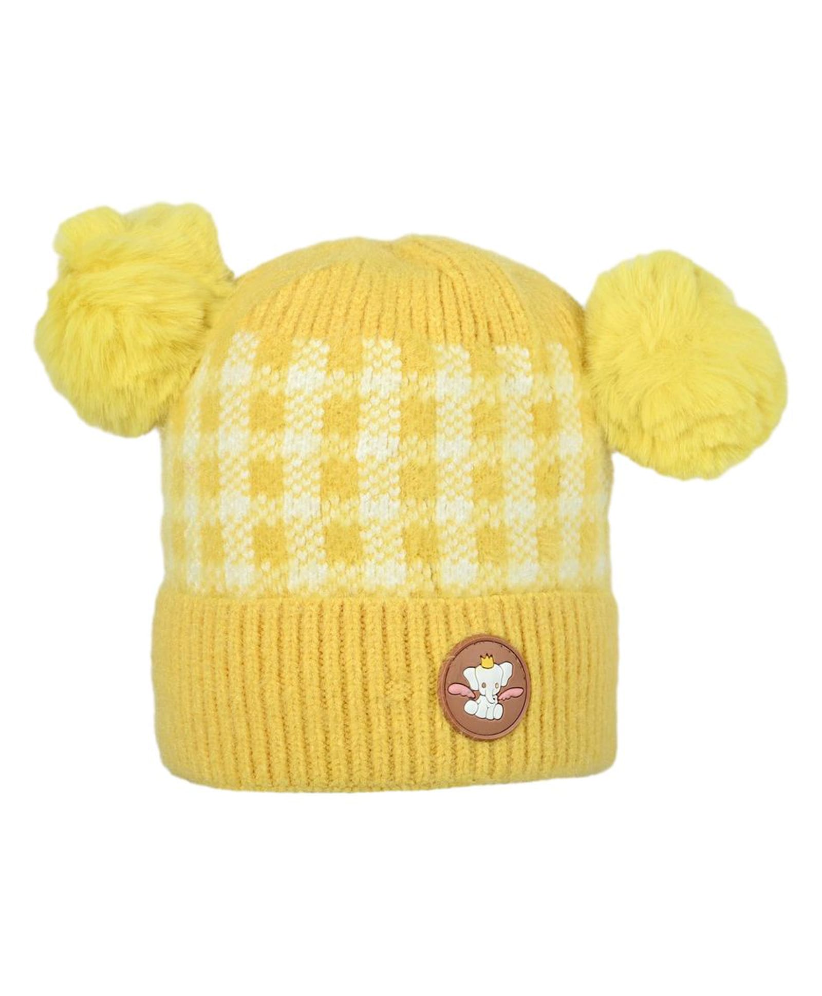 Kid-O-World Knit Pom Pom Embellished Badge Detailed Ribbed Cap - Yellow - Circumference - 50 Cms