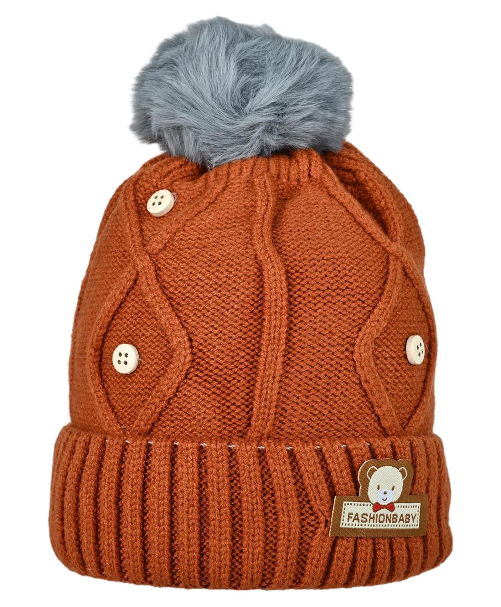 Kid-O-World Knit Strawberry Applique Detailed Pom Pom Embellished Cap - Brown - Circumference - 48 Cms-picture-20