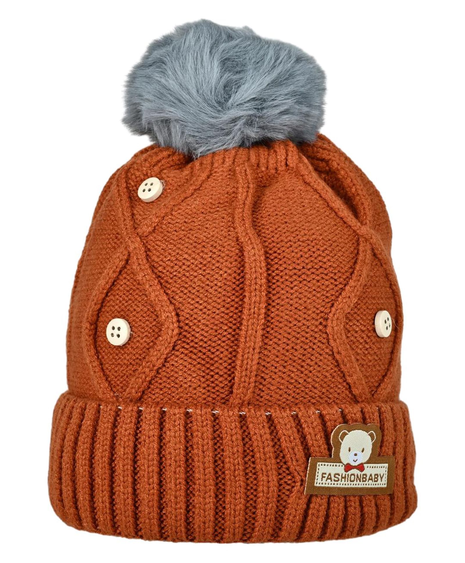 Kid-O-World Knit Button Embellished Textured Beanie - Brown - Circumference 48-image-46