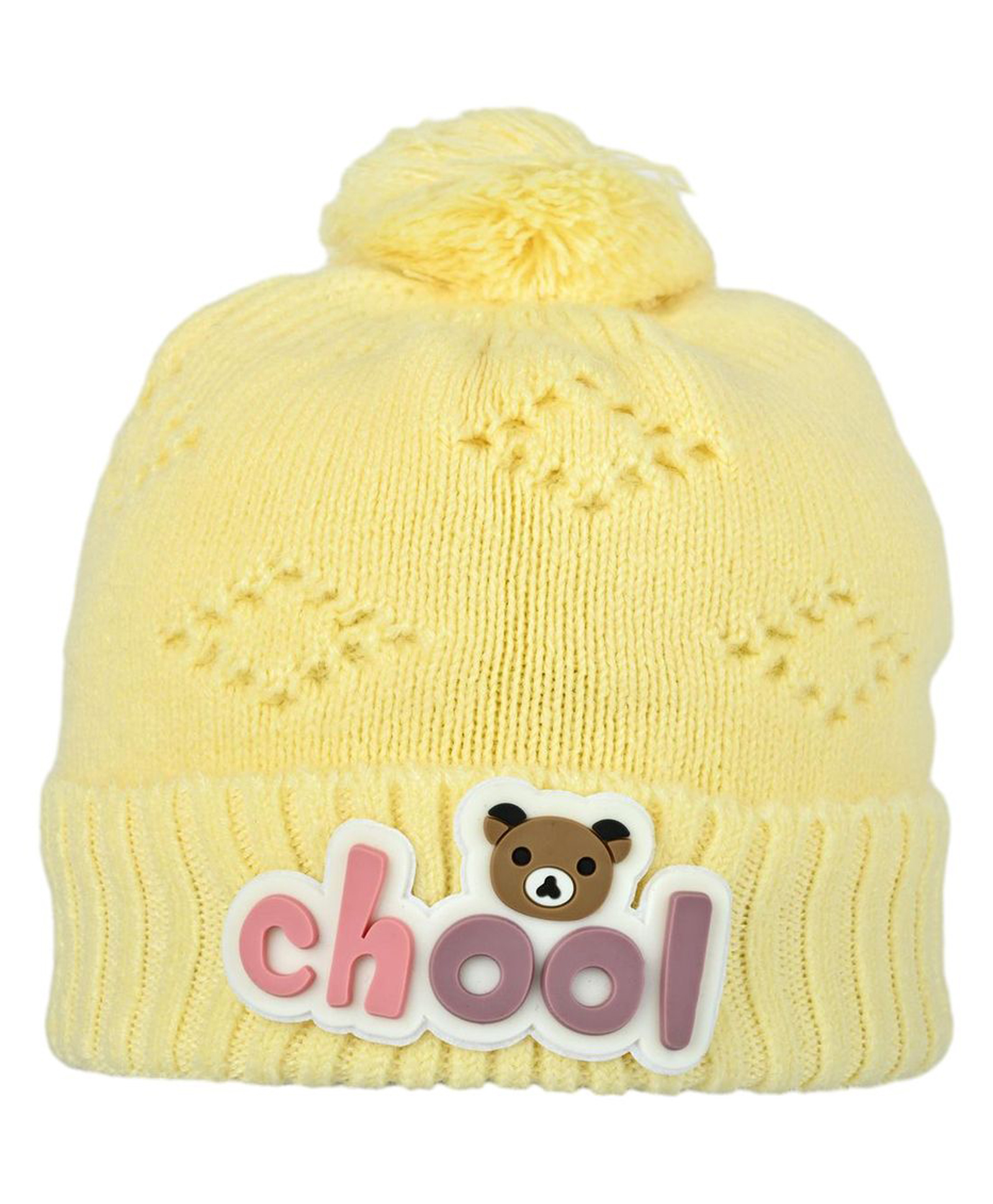 Kid-O-World Knit Bear Chool Text Patch Detailed Beanie - Yellow - Circumference 46