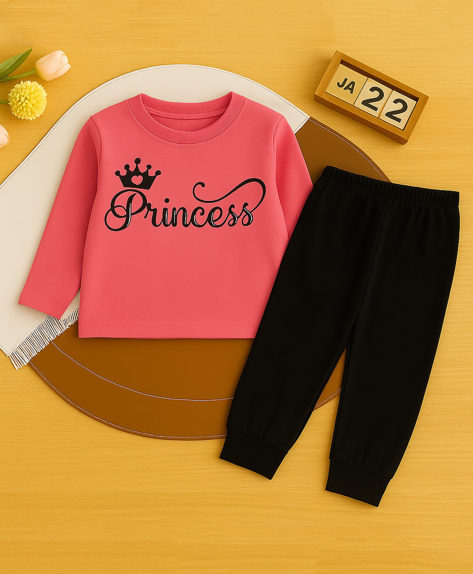 Luke and Lilly Cotton Blend Knit Full Sleeves Princess Text Printed Tee & Pant Set - Coral & Black-image-6