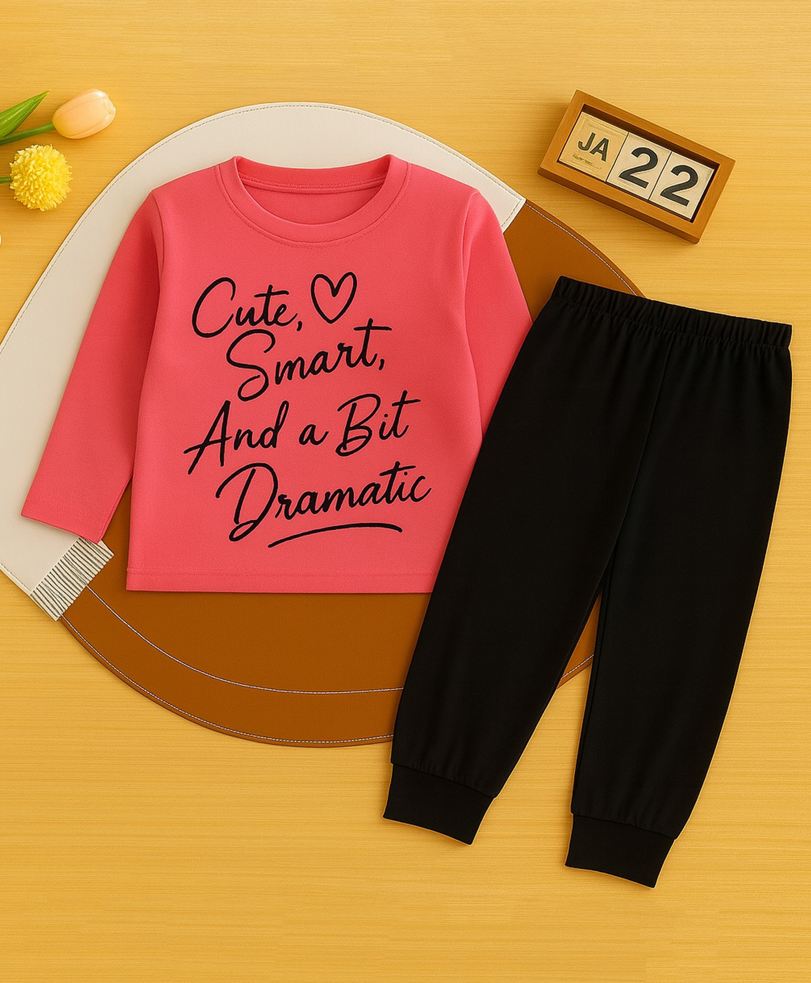 Luke and Lilly Cotton Blend Knit Full Sleeves Cute Smart & A Bit Dramatic Text Printed Tee & Pant Set - Coral & Black-picture-28