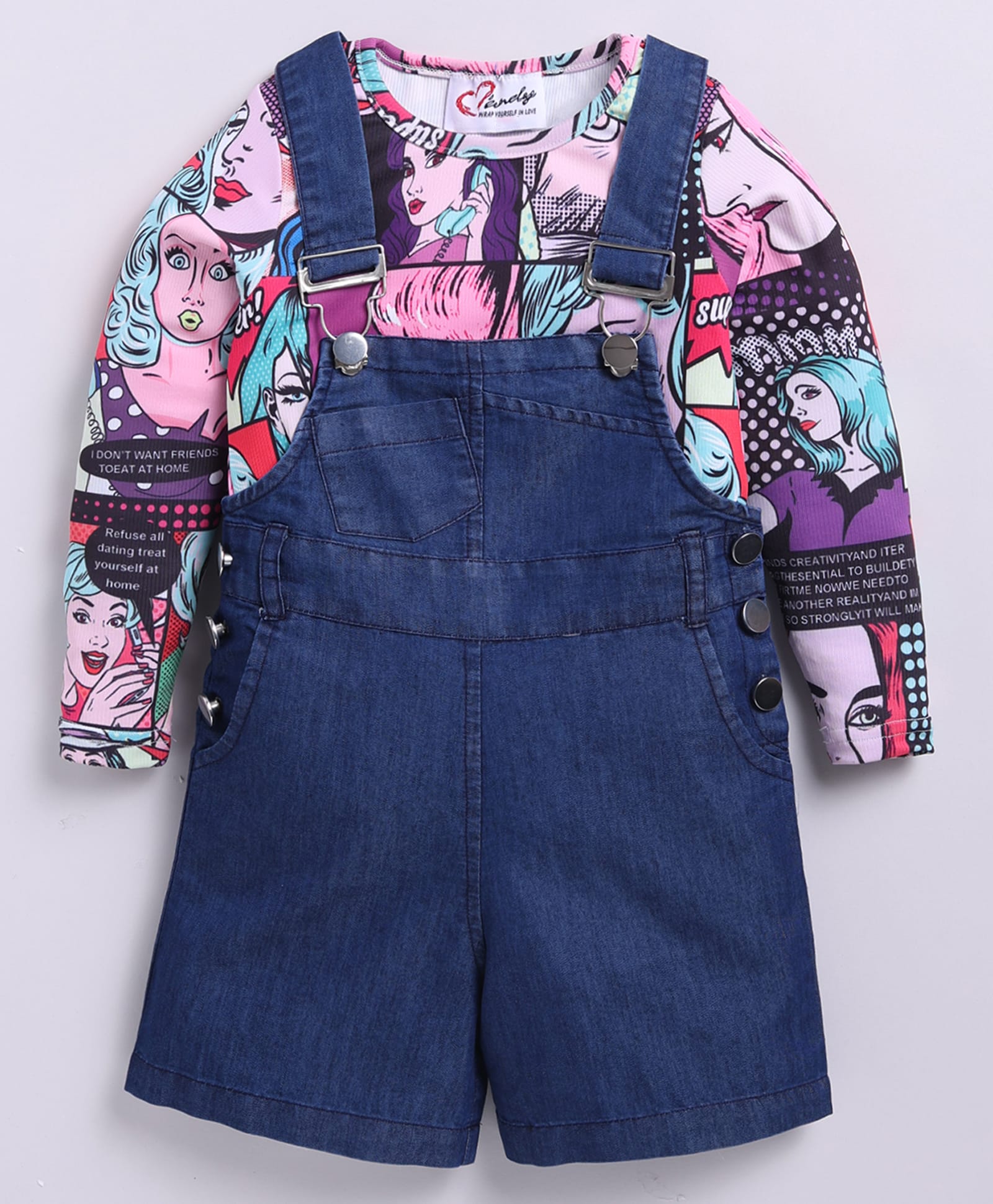 M'andy Denim Woven Comic Style Girls Printed Jumpsuit With Full Sleeves Tee - Multi Colour-picture-51