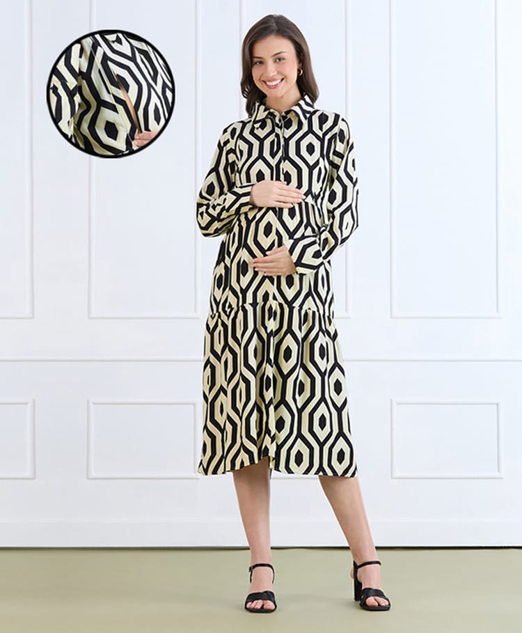 MomToBe Viscose Rayon Woven Full Sleeves Abstract Printed Maternity Dress With Side Zipper Nursing Access - White & Black-picture-39