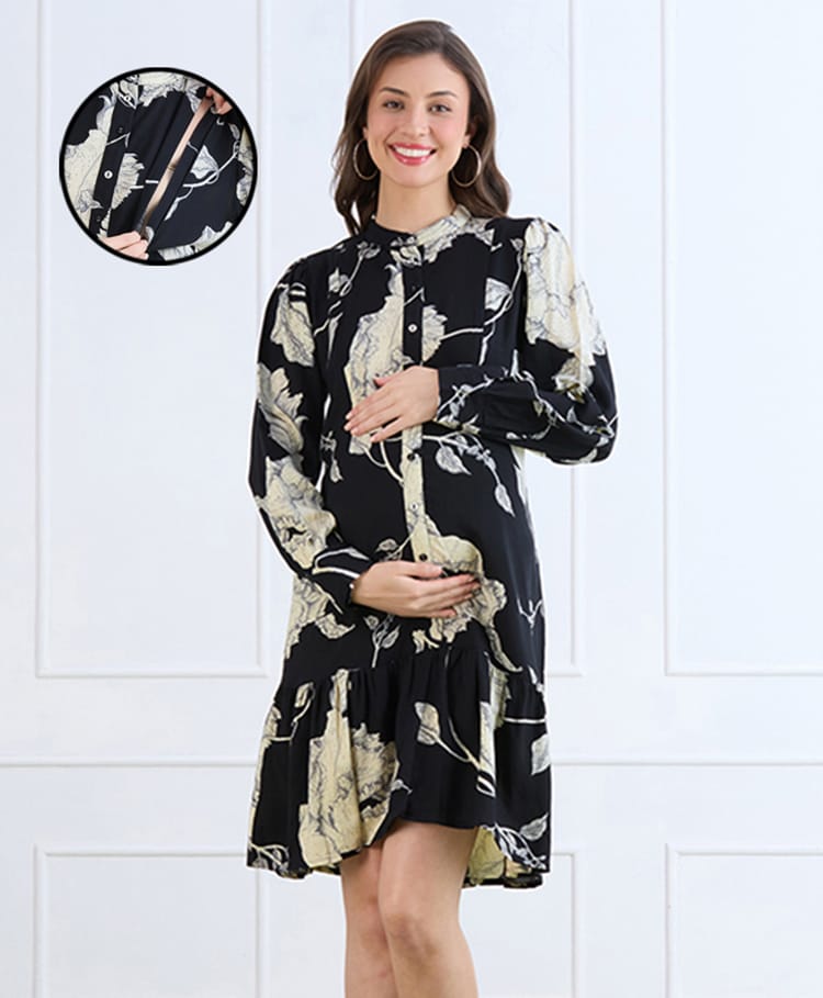 MomToBe Viscose Rayon Woven Full Sleeves Floral Printed Maternity Dress With Side Zipper Nursing Access - White & Black-picture-38