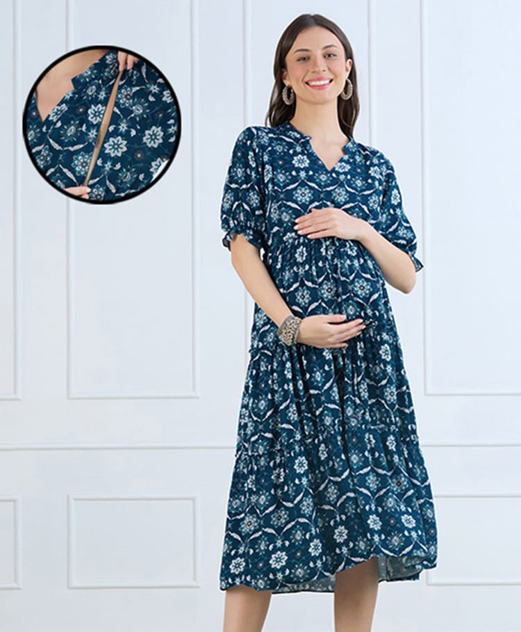 MomToBe Viscose Rayon Woven Half Puffed Sleeves Floral Printed Maternity Dress With Side Zipper Nursing Access - Cobalt Blue-image-6