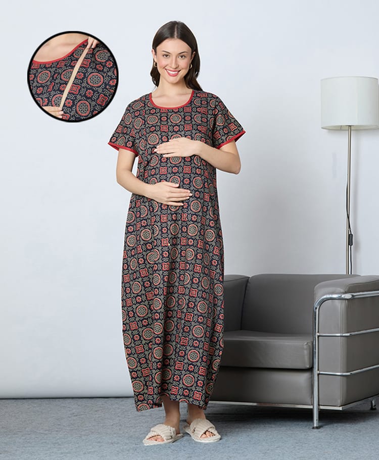 MomToBe Cotton Woven Half Sleeves Geometric Printed Maternity Nighty With Side Zipper Nursing Access - Navy Blue-picture-23
