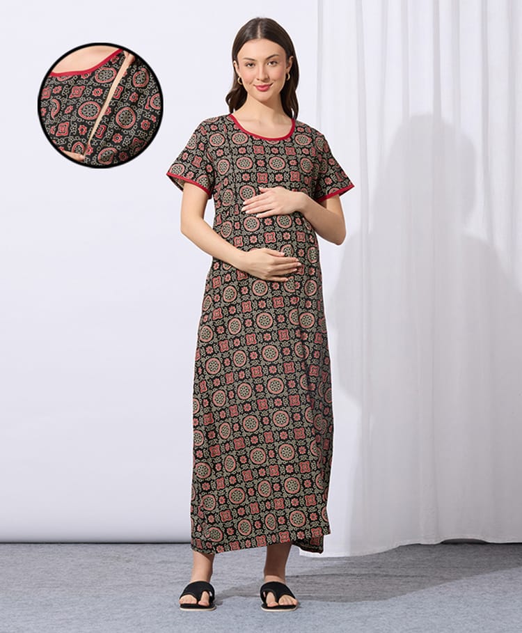 MomToBe Cotton Woven Half Sleeves Geometric Printed Maternity Nighty With Side Zipper Nursing Access - Ink Black-image-25