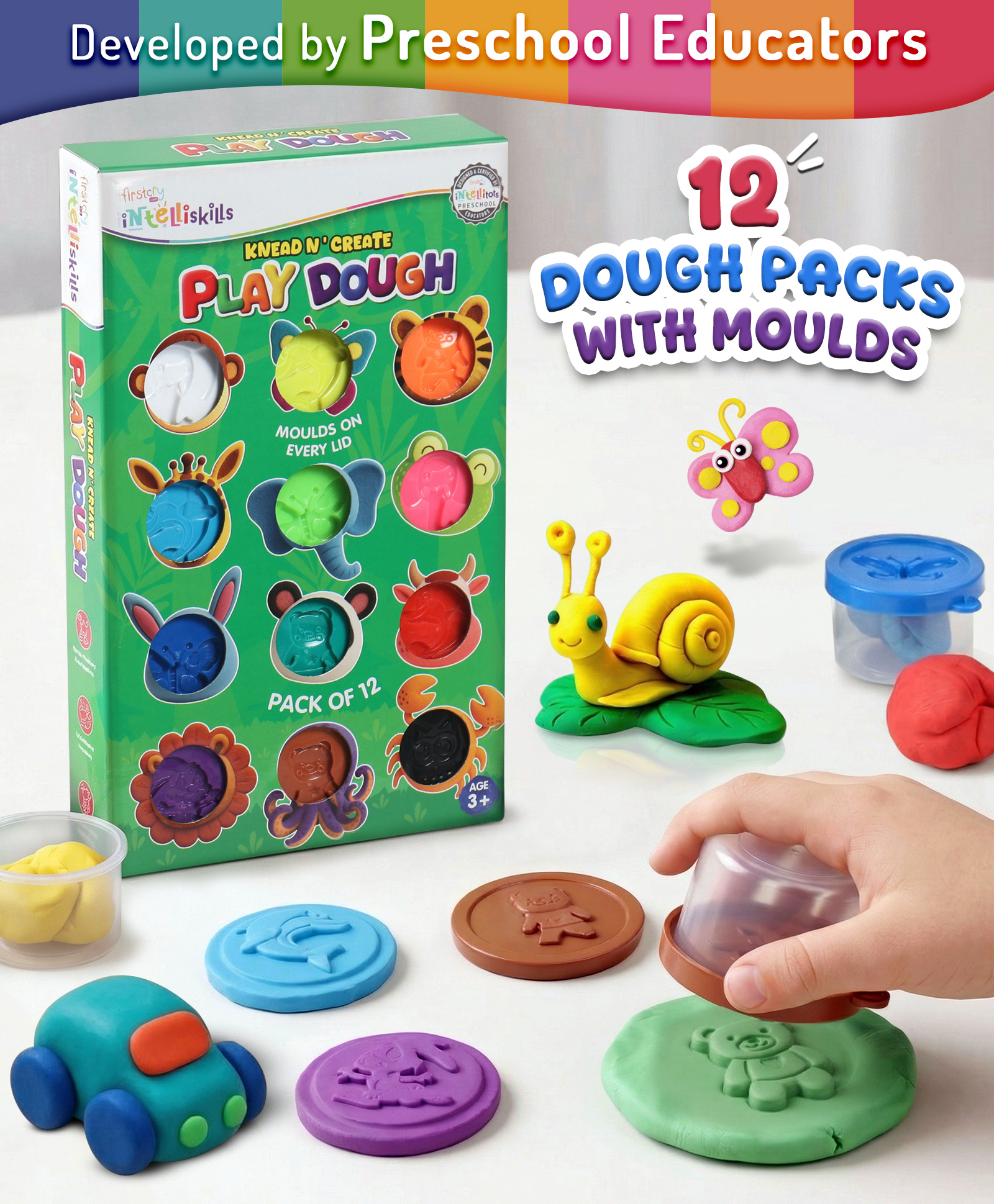 Intelliskills Knead N' Create Play Dough - Pack of 12 Coloured Dough with Moulds | Non-Toxic Soft Modelling Clay | Creative Learning & Sensory Play | Child Safe | Educator Recommended | BIS Certified-picture-22