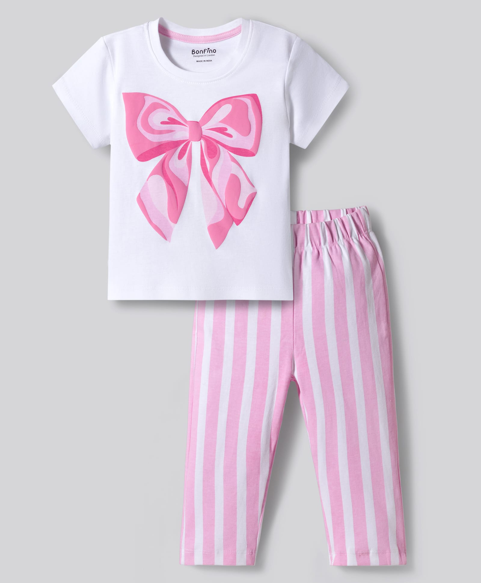 Bonfino 100% Cotton Knit Half Sleeves Night Suit With Bow Print - White & Pink-picture-3